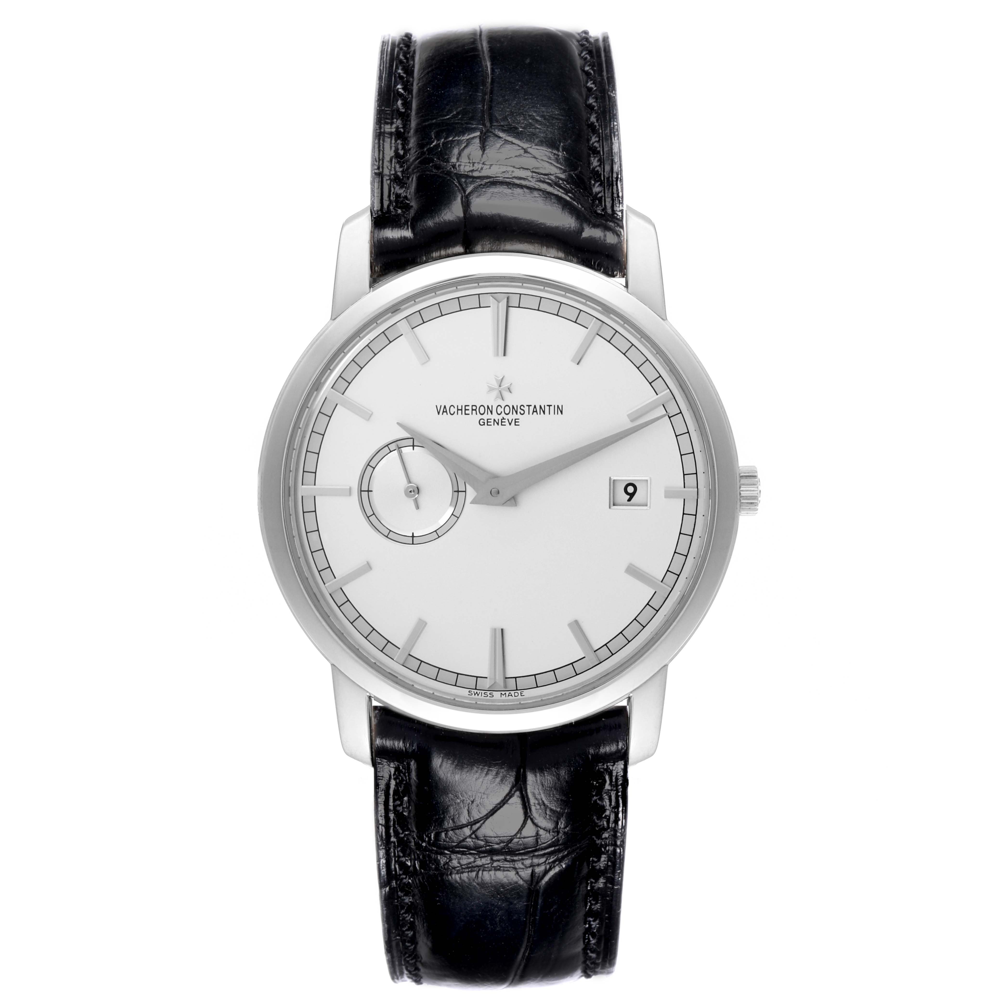 The Vacheron Constantin Traditionnelle 87172/000G-9301 Men's White Gold Silver Dial 87172/000G-9301 Men's White Gold Silver Dial watch is shown from a top-down angle, featuring its black leather strap and white dial.