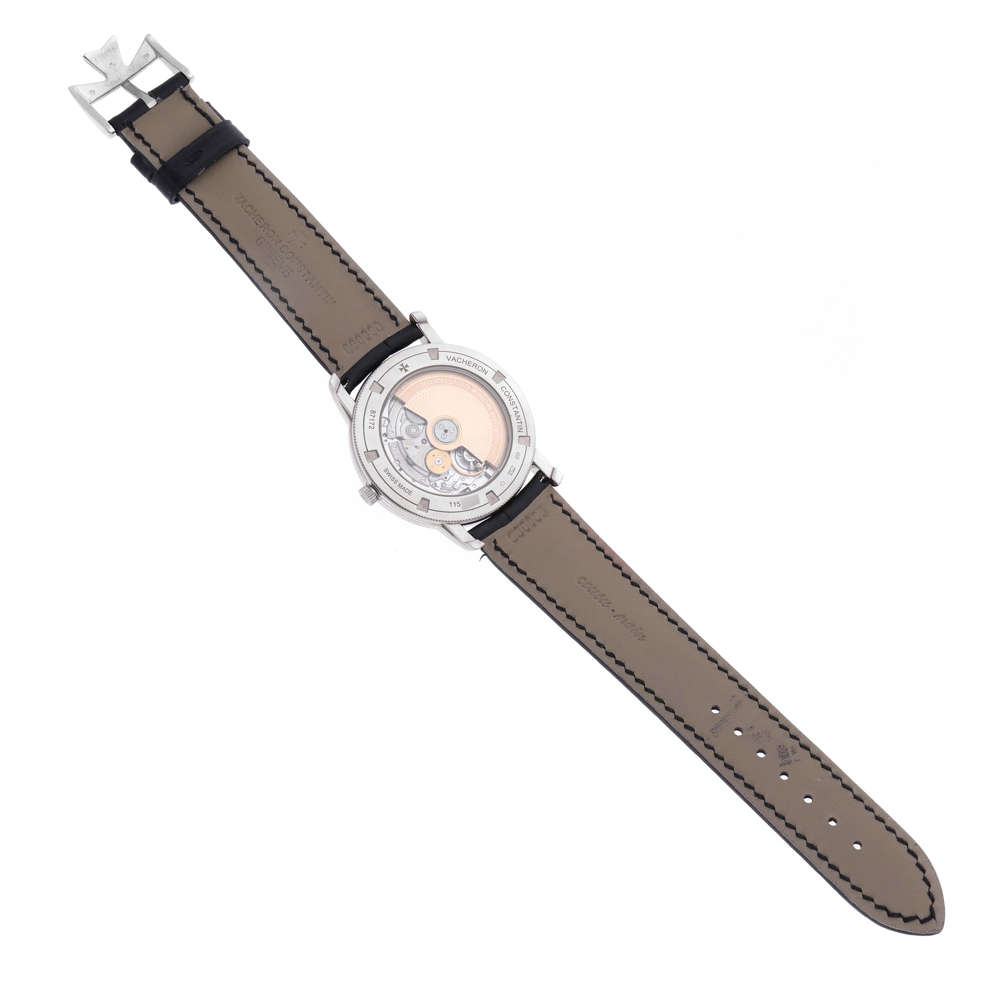 The Vacheron Constantin Traditionnelle 87172/000G-9301 Men's White Gold Silver Dial 87172/000G-9301 Men's White Gold Silver Dial watch is shown from the back, revealing its transparent case back and inner mechanisms.