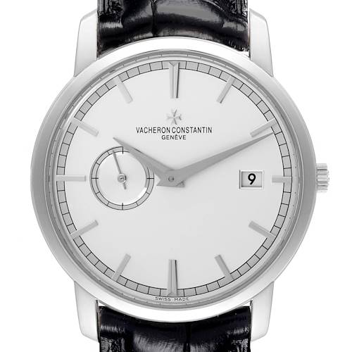 The Traditionnelle model by Vacheron Constantin is shown from a front angle, displaying the watch face, hands, date window, and part of the strap.