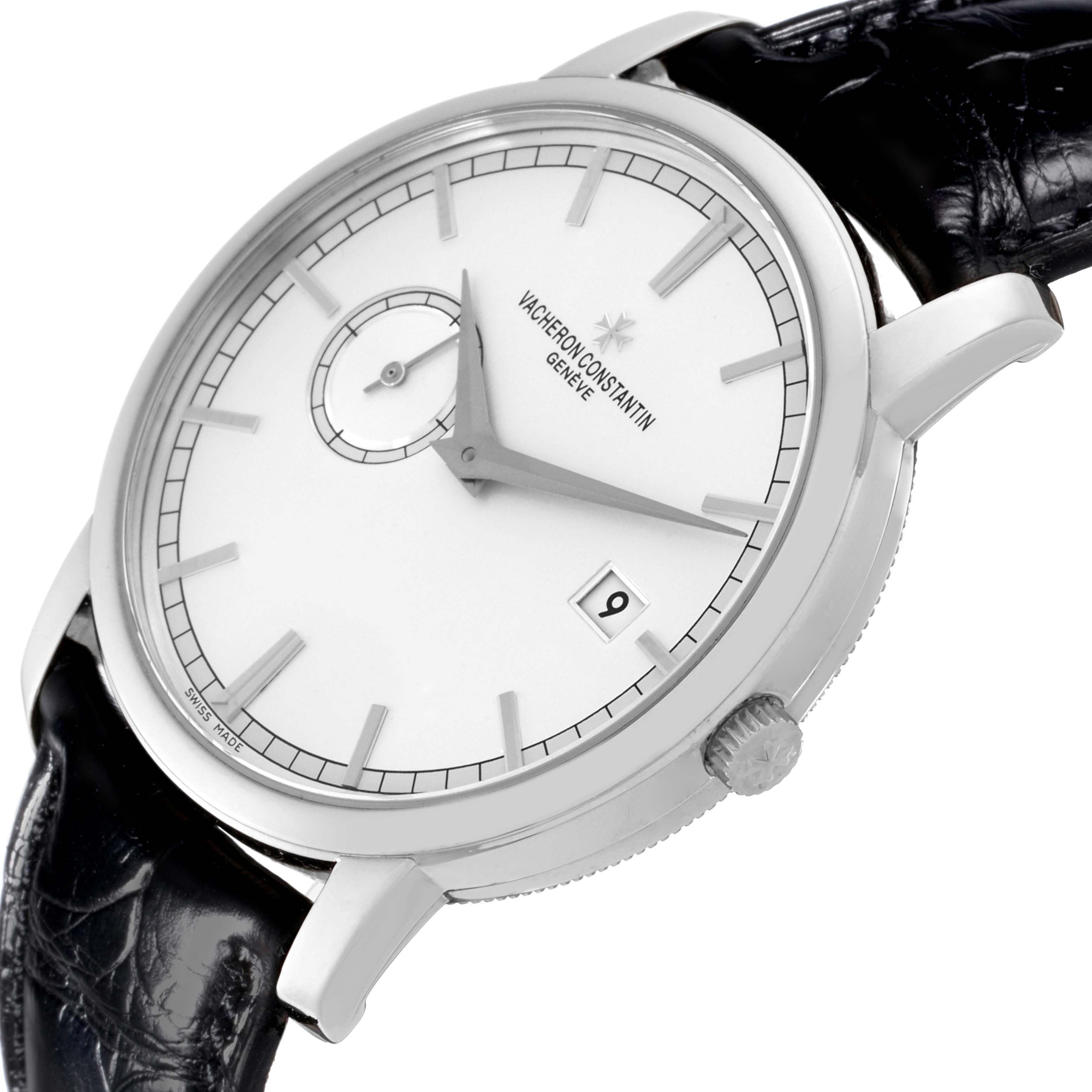 This is a close-up shot of a Vacheron Constantin Traditionnelle 87172/000G-9301 Men's White Gold Silver Dial 87172/000G-9301 Men's White Gold Silver Dial watch showing the dial, crown, and black leather strap.