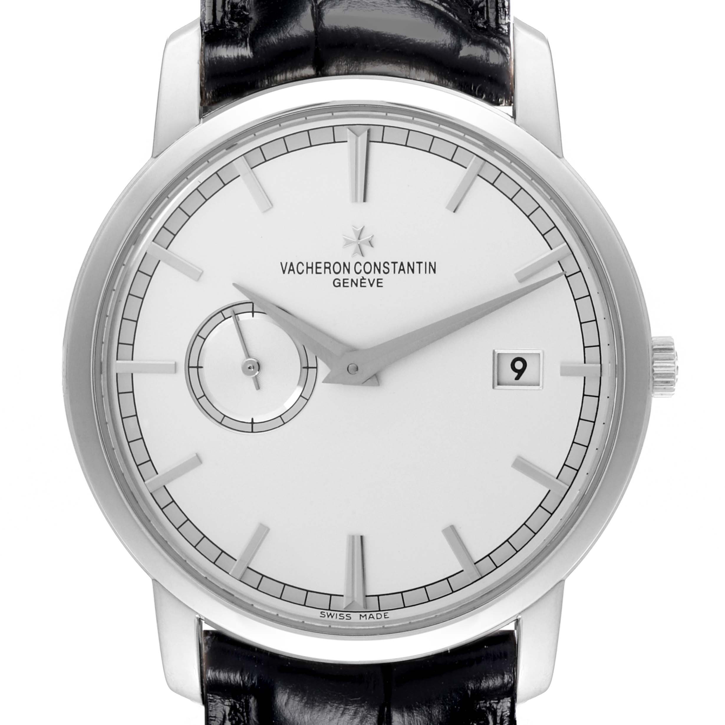 The Vacheron Constantin Traditionnelle 87172/000G-9301 Men's White Gold Silver Dial 87172/000G-9301 Men's White Gold Silver Dial watch is shown from the front, displaying its dial, date window, and black leather strap.