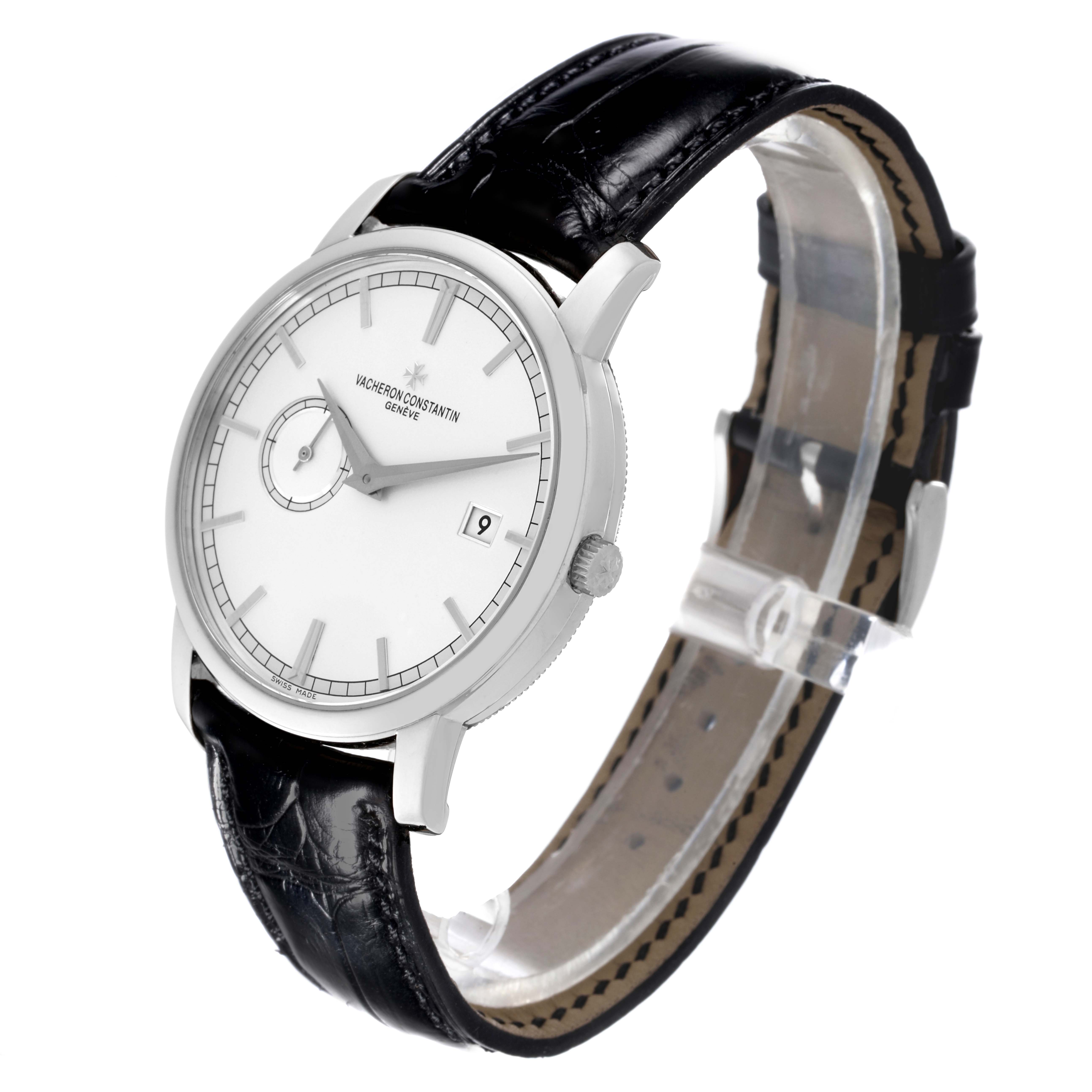 This Vacheron Constantin Traditionnelle 87172/000G-9301 Men's White Gold Silver Dial 87172/000G-9301 Men's White Gold Silver Dial watch is shown at a three-quarter angle, displaying the face, case, crown, and black leather strap.