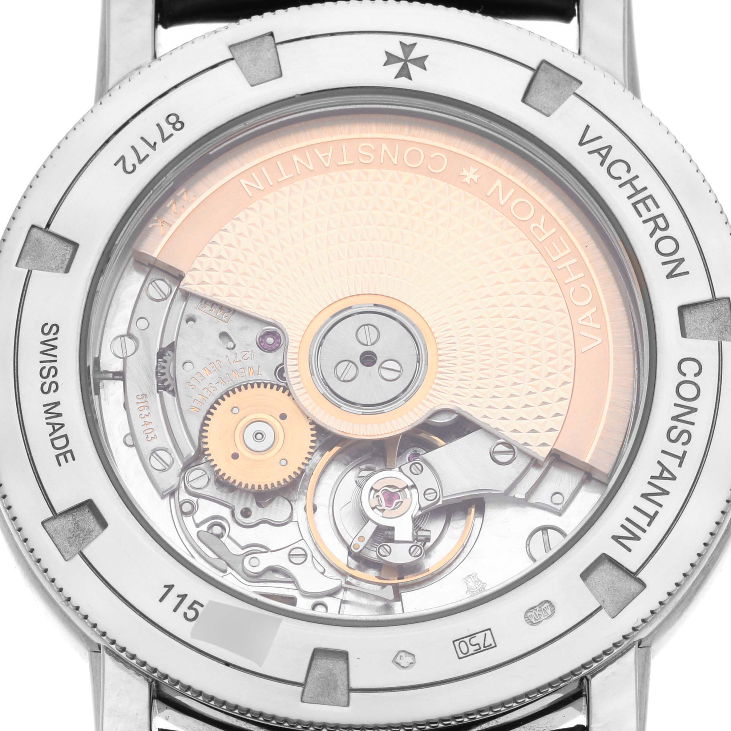 This shows the back view of a Vacheron Constantin Traditionnelle 87172/000G-9301 Men's White Gold Silver Dial 87172/000G-9301 Men's White Gold Silver Dial watch, highlighting its intricate movement and rotor.