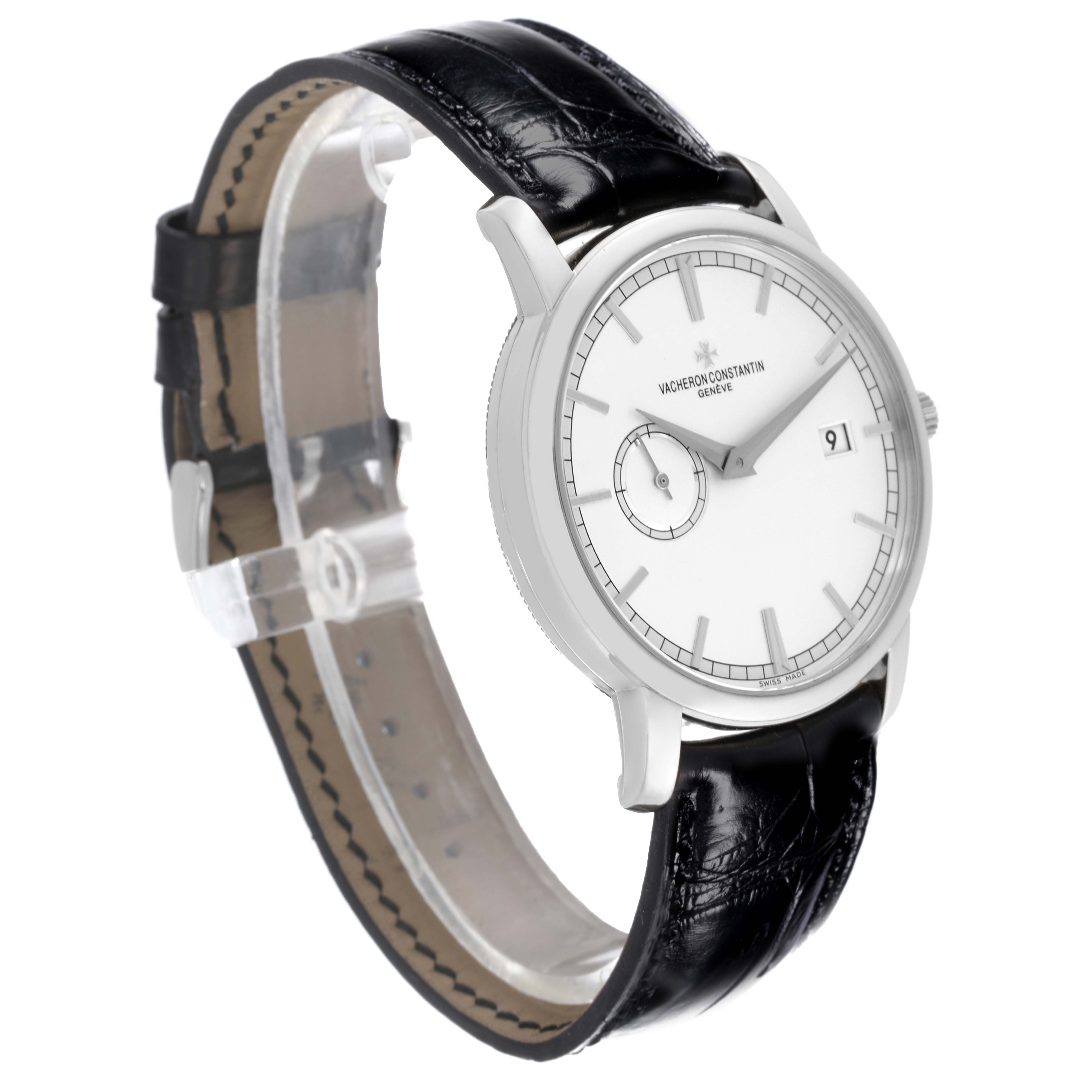The Vacheron Constantin Traditionnelle 87172/000G-9301 Men's White Gold Silver Dial 87172/000G-9301 Men's White Gold Silver Dial watch is shown at a three-quarter angle, highlighting its face, dial, and black leather strap.