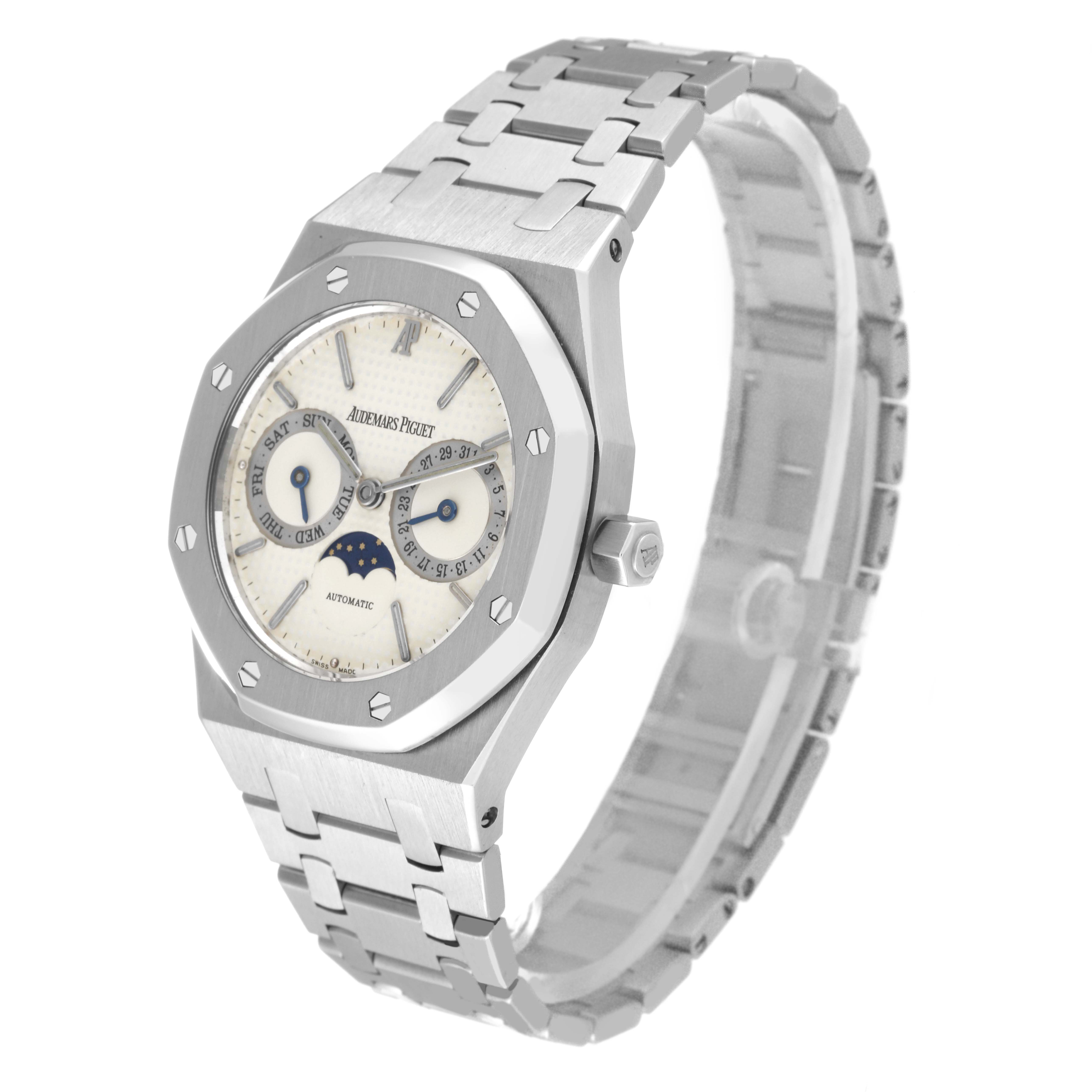 The image shows an angled view of the Audemars Piguet Royal Oak 25594ST.OO.0789ST.05 Men's Stainless Steel White Dial 25594ST.OO.0789ST.05 Men's Stainless Steel White Dial watch, highlighting its face, crown, and metal bracelet.