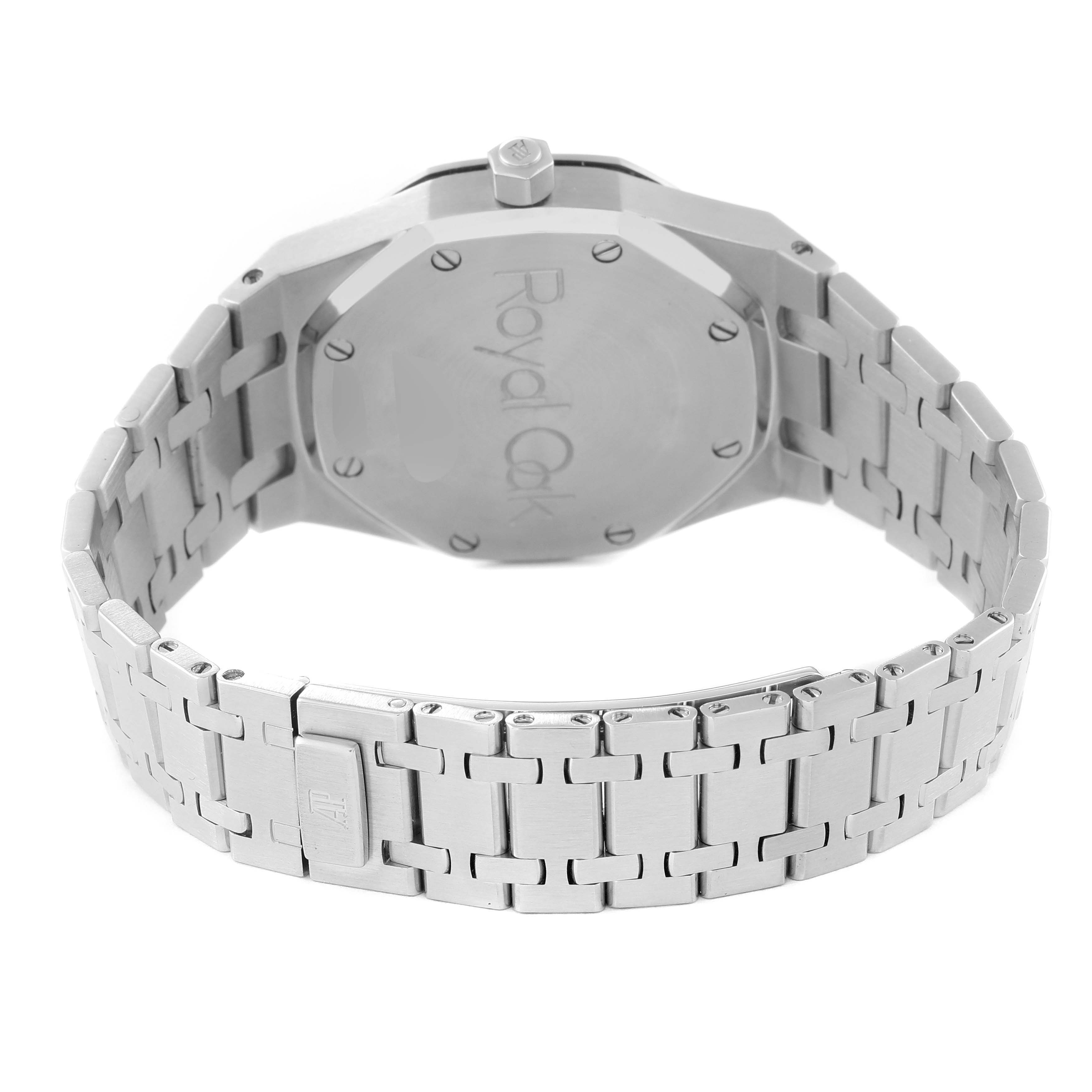 The image shows the backside and bracelet of a Royal Oak model watch by Audemars Piguet.