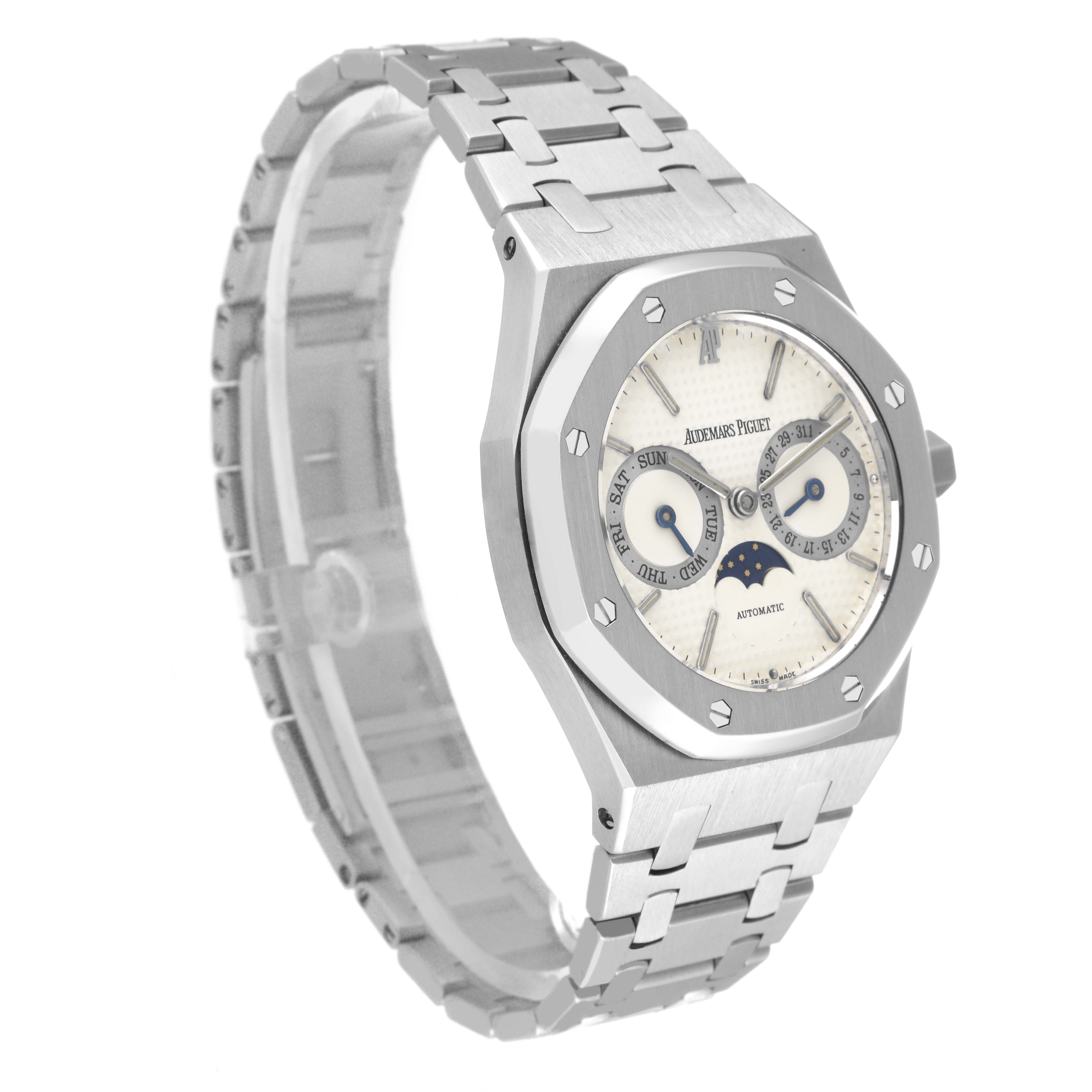 The image shows an Audemars Piguet Royal Oak 25594ST.OO.0789ST.05 Men's Stainless Steel White Dial 25594ST.OO.0789ST.05 Men's Stainless Steel White Dial watch from a 3/4 angle, displaying its face, case, and stainless steel bracelet.