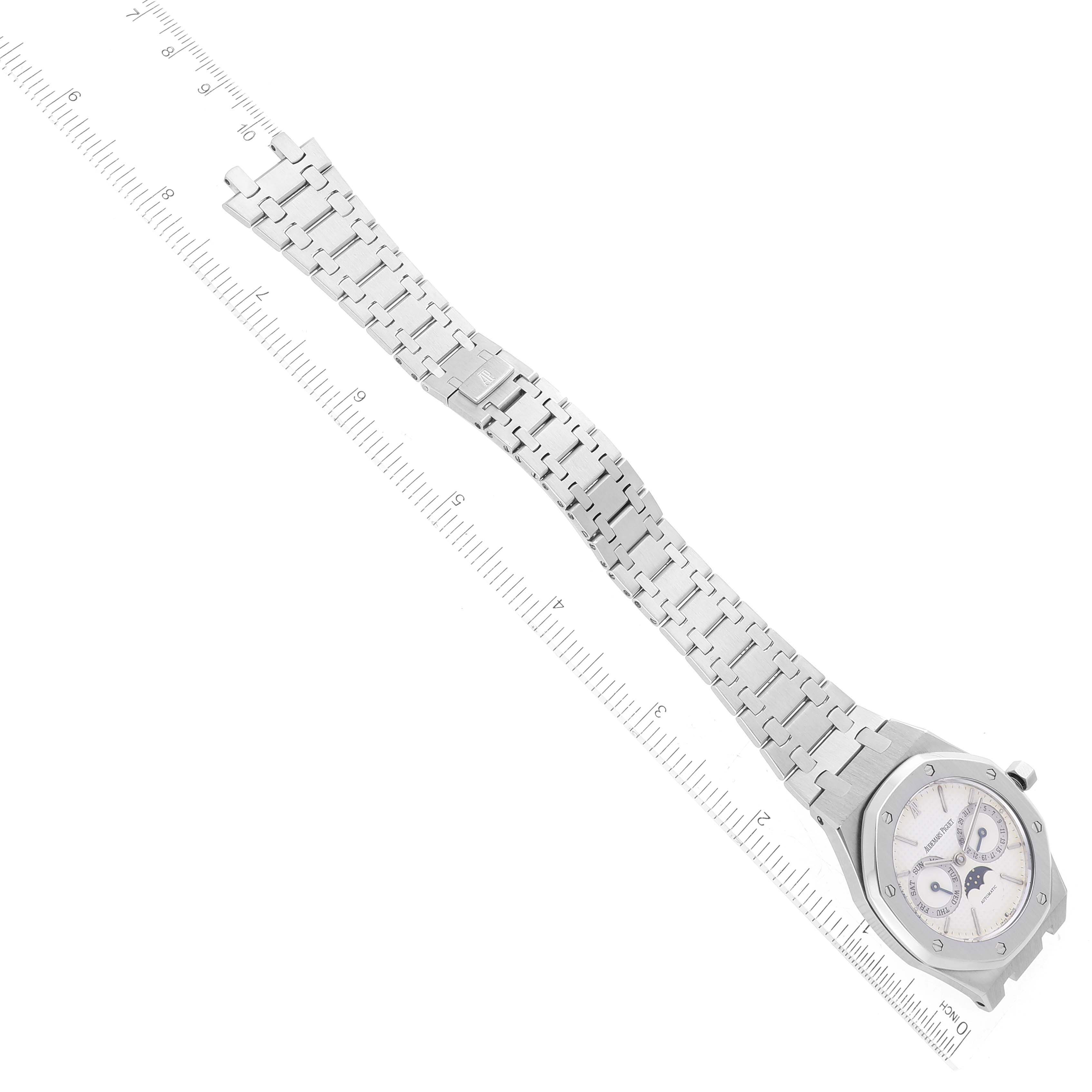 The Audemars Piguet Royal Oak 25594ST.OO.0789ST.05 Men's Stainless Steel White Dial 25594ST.OO.0789ST.05 Men's Stainless Steel White Dial watch is shown from an angled top-down view displaying the full bracelet and dial face.