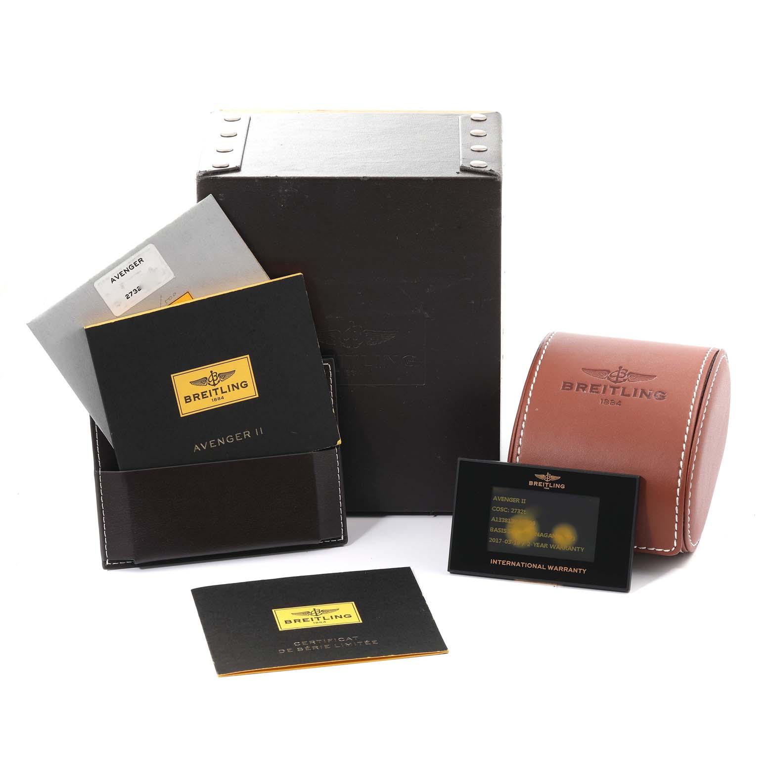 The image shows the packaging, manuals, warranty card, and case for a Breitling Avenger A13381 Men's Stainless Steel White Dial A13381 Men's Stainless Steel White Dial watch.