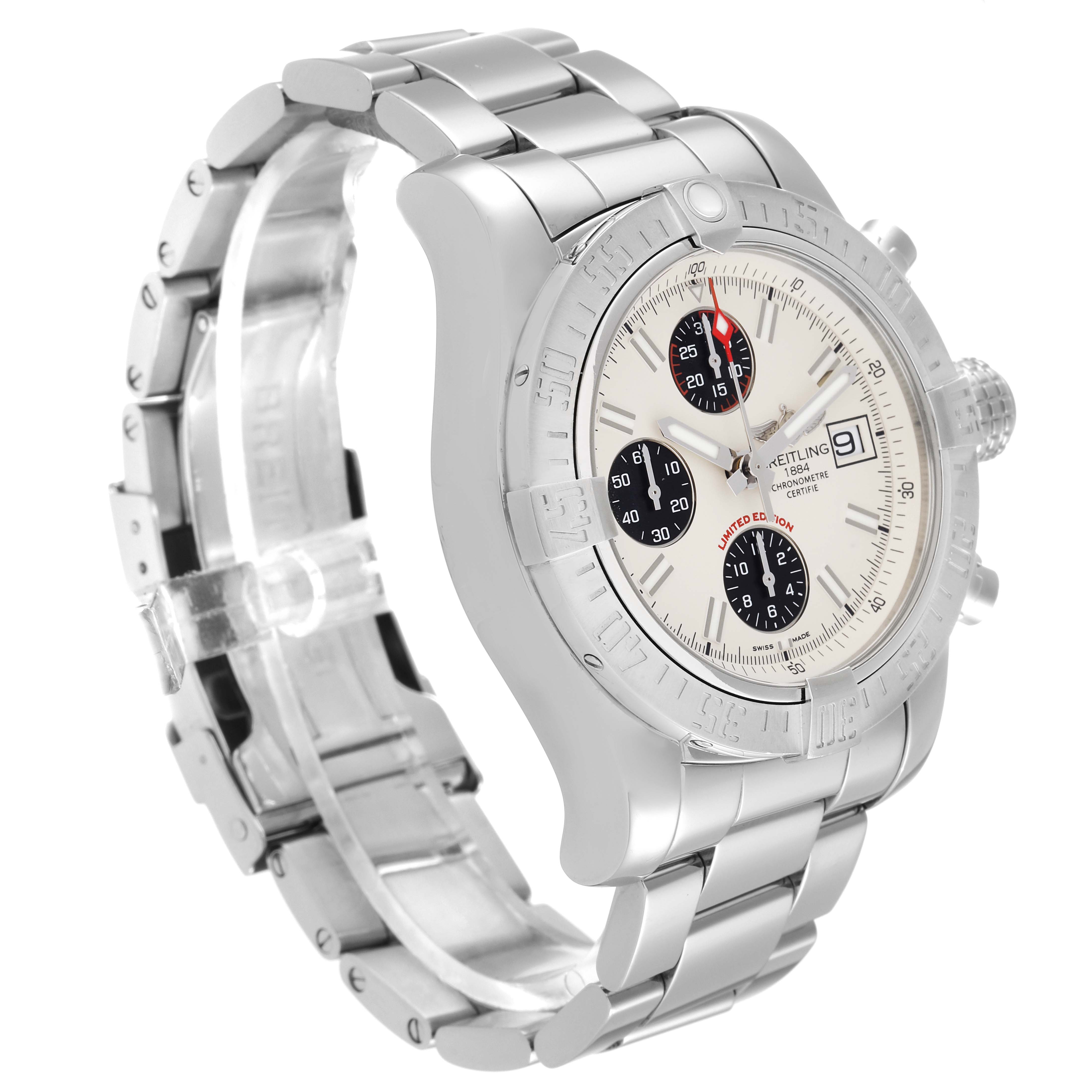 The Breitling Avenger A13381 Men's Stainless Steel White Dial A13381 Men's Stainless Steel White Dial watch is shown at an oblique angle, highlighting the stainless steel bracelet, bezel, and chronograph dial.