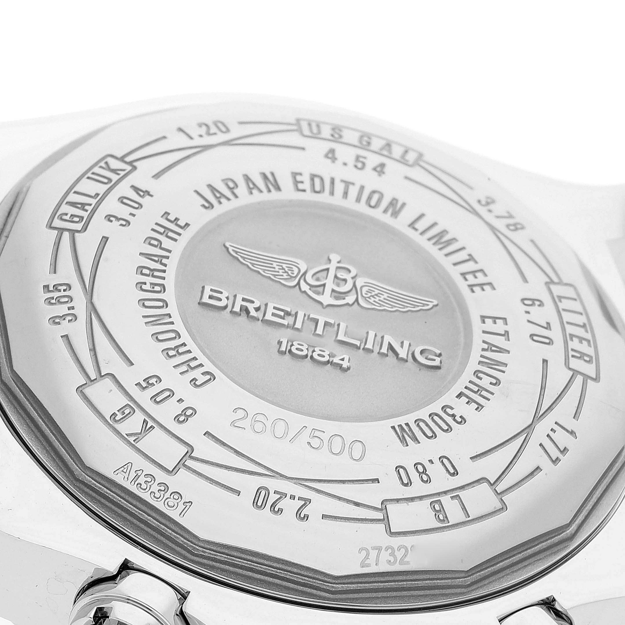 This image shows the case back of a Breitling Avenger A13381 Men's Stainless Steel White Dial A13381 Men's Stainless Steel White Dial Japan Edition Limitee watch, illustrating its engravings and limited edition number.