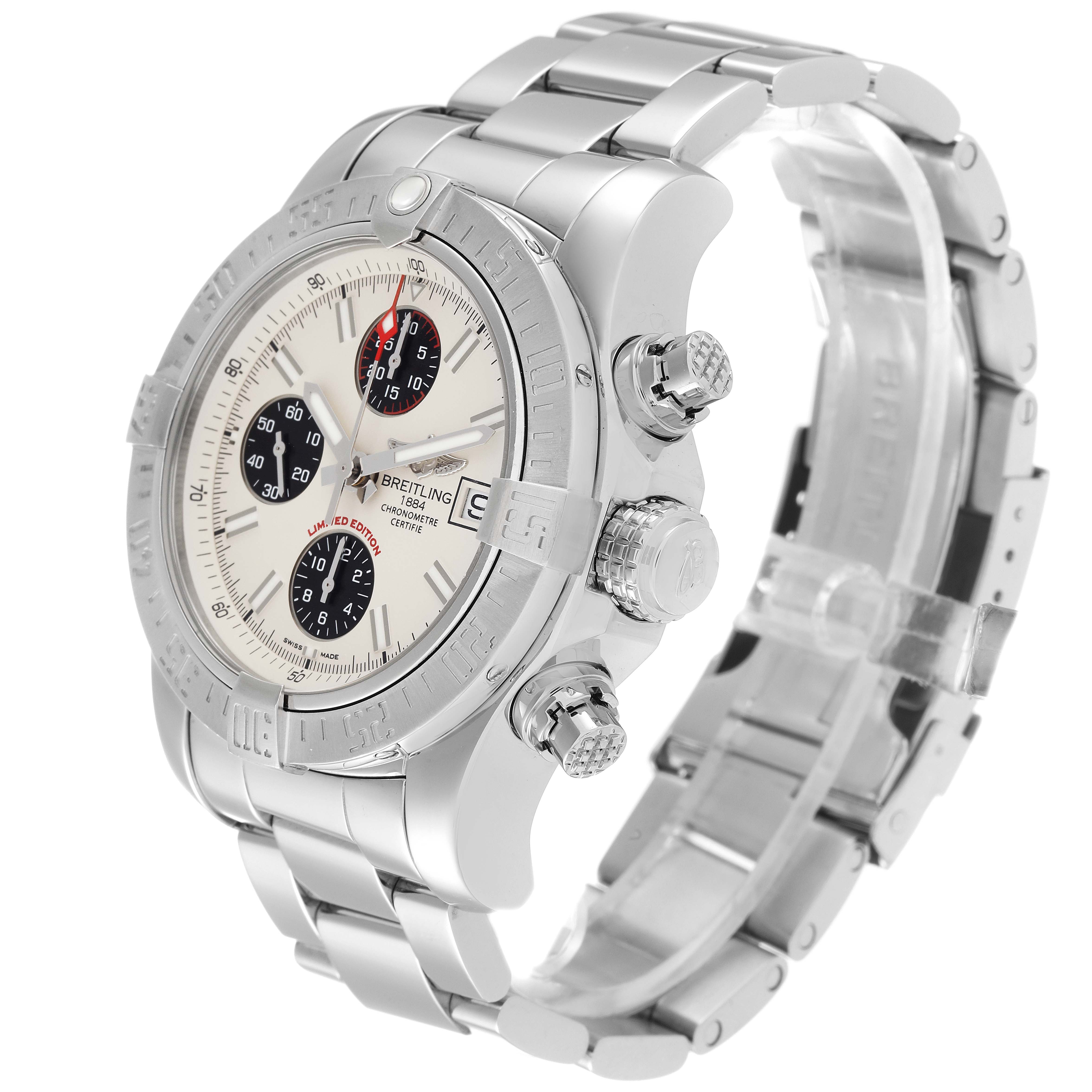 The image displays a Breitling Avenger A13381 Men's Stainless Steel White Dial A13381 Men's Stainless Steel White Dial watch at an angle showcasing the face, bezel, crown, pushers, and bracelet.