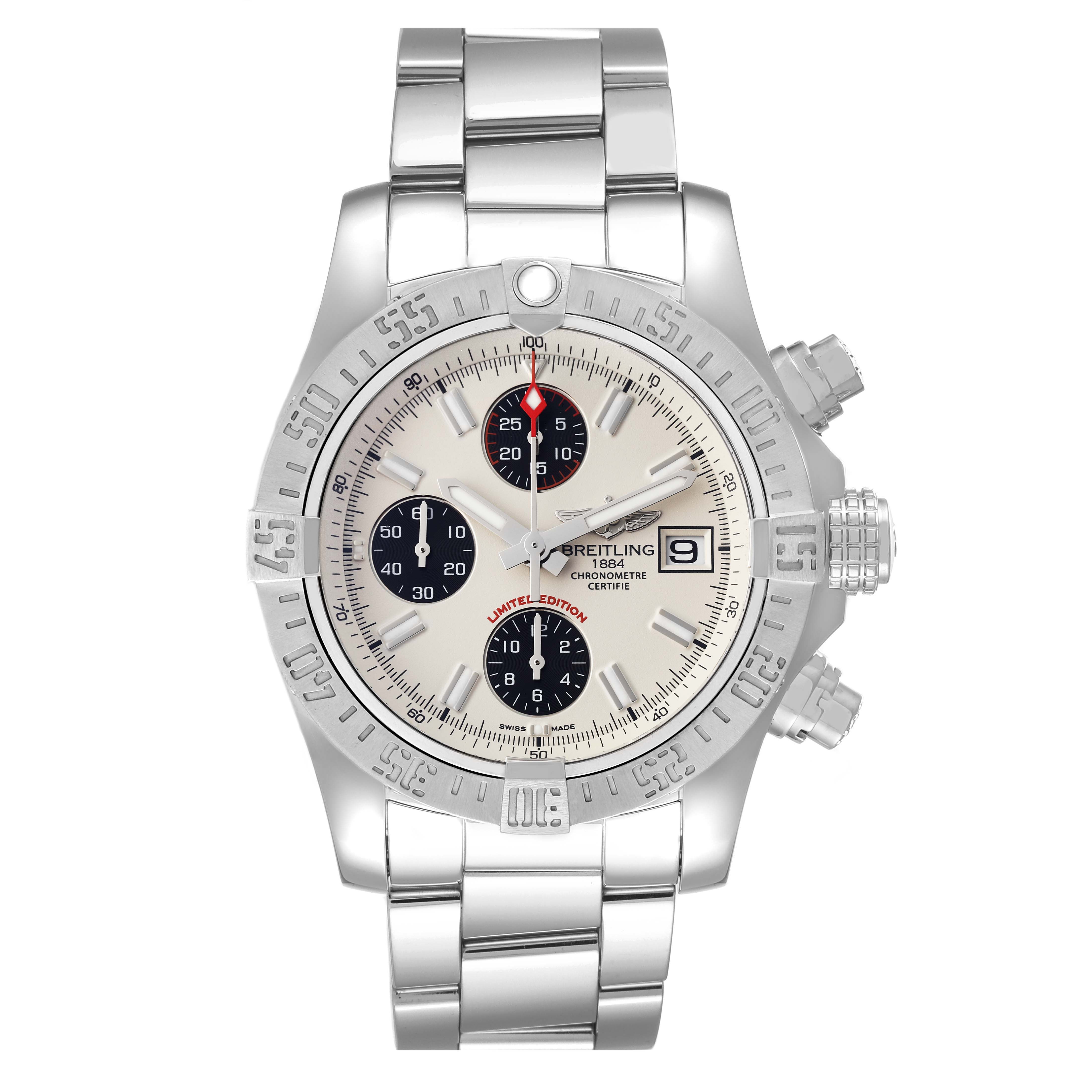 The Breitling Avenger A13381 Men's Stainless Steel White Dial A13381 Men's Stainless Steel White Dial watch is shown from a front angle, displaying its dial, bezel, and stainless steel bracelet.