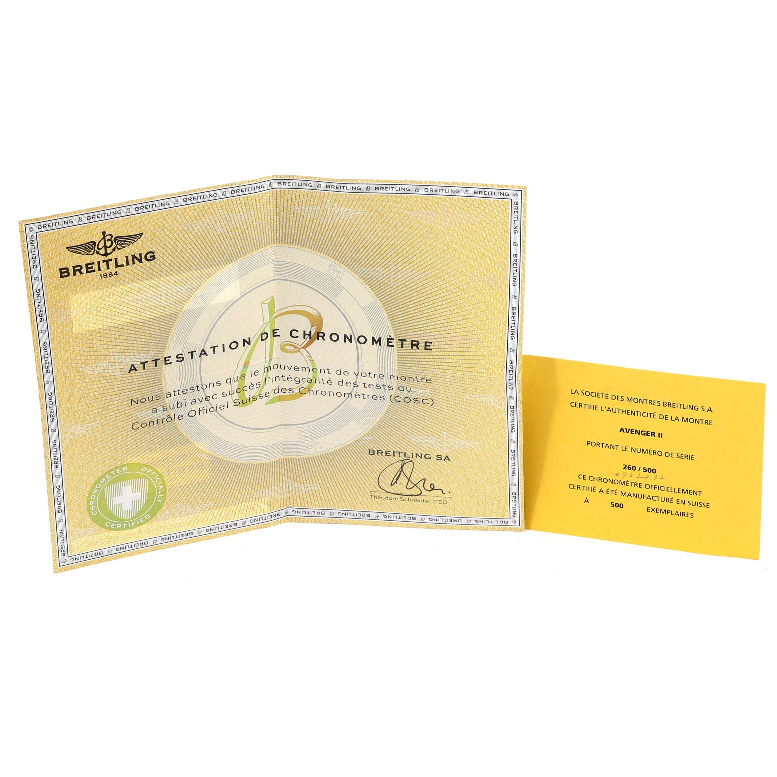 The image shows the certification documents for a Breitling Avenger A13381 Men's Stainless Steel White Dial A13381 Men's Stainless Steel White Dial model, including an Attestation de Chronomètre.