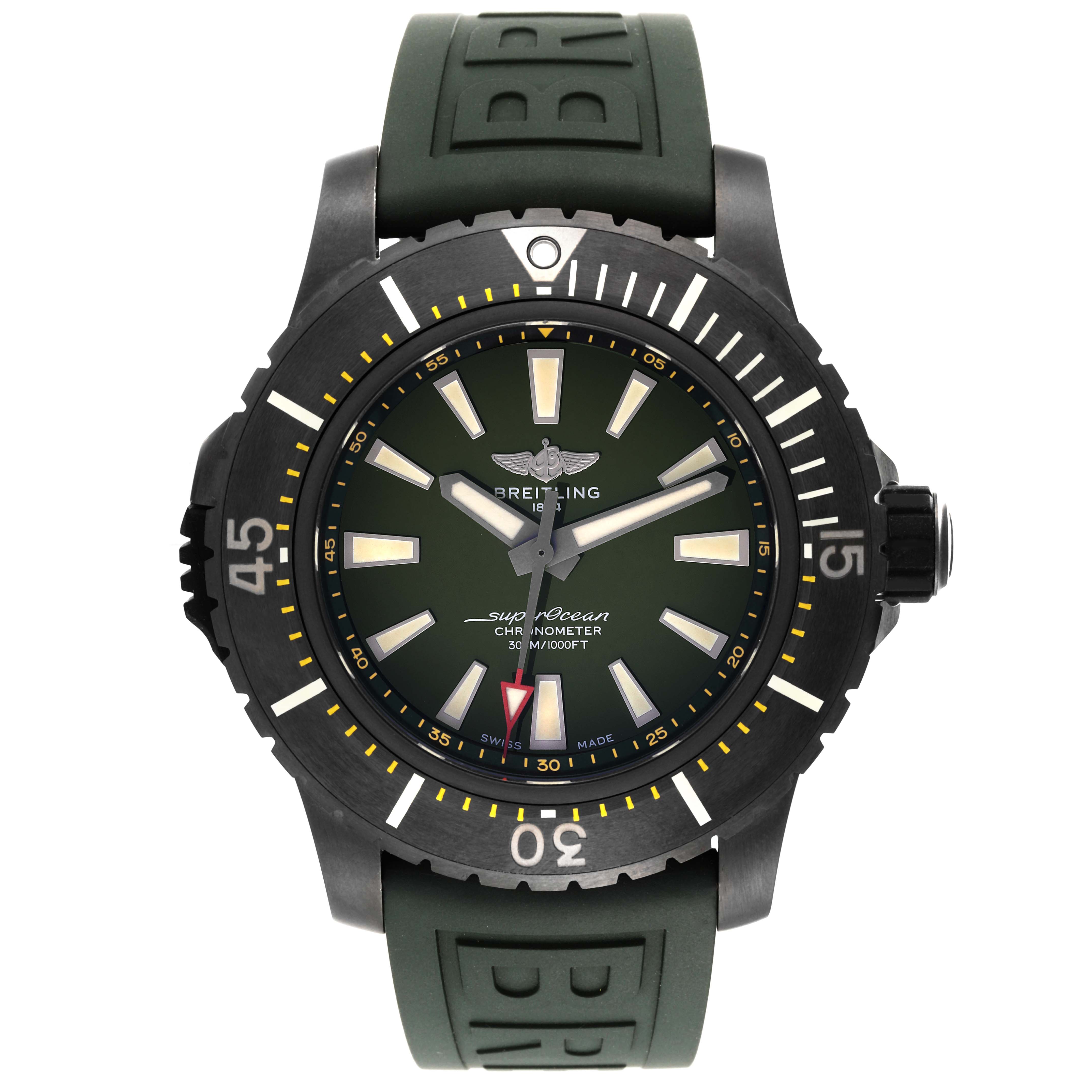 The image shows a front view of a Breitling Superocean V17369 Men's Titanium Green Dial V17369 Men's Titanium Green Dial watch, displaying its dial, bezel, and rubber strap.