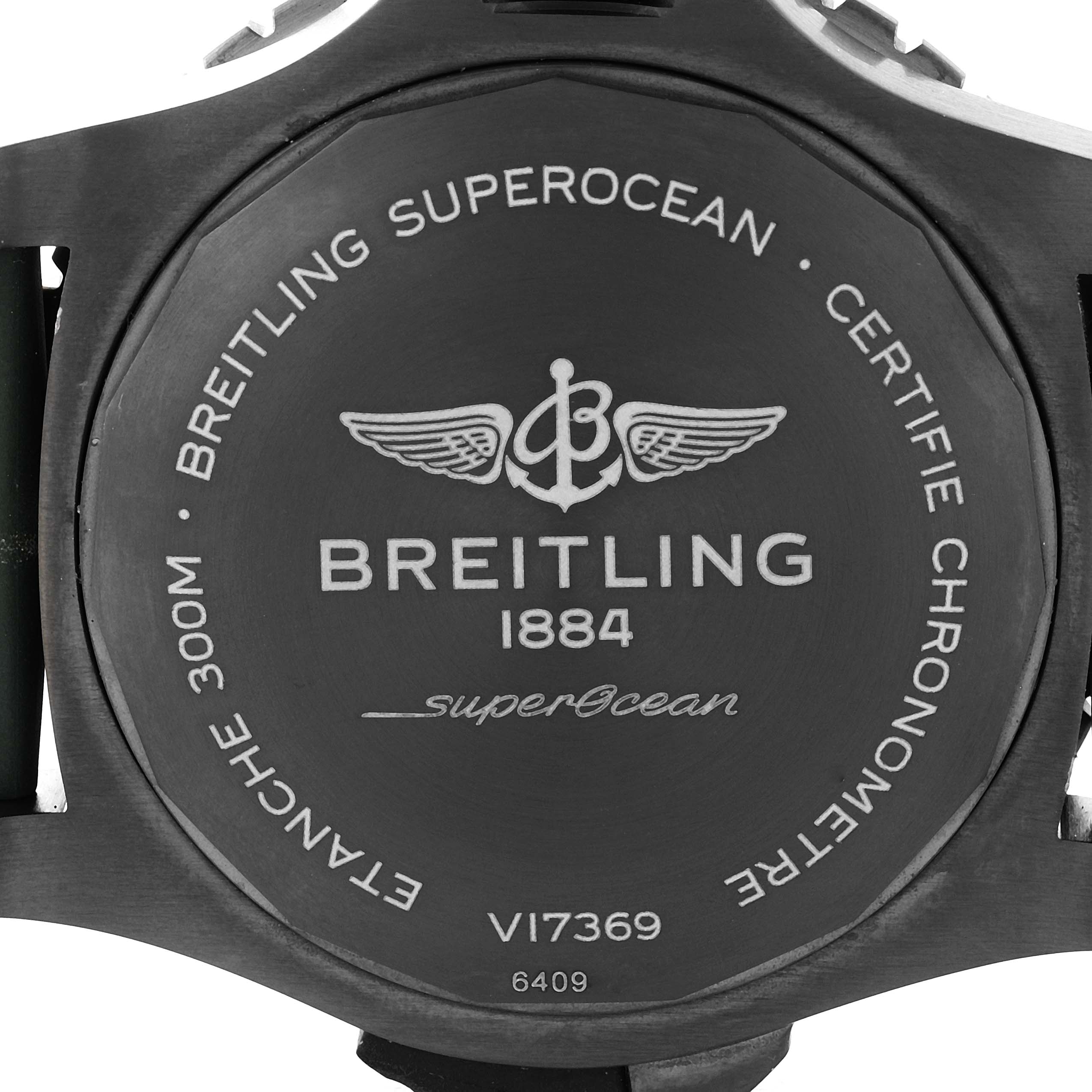 The image shows the back of a Breitling Superocean V17369 Men's Titanium Green Dial V17369 Men's Titanium Green Dial watch, highlighting the brand name, model, and water resistance details.