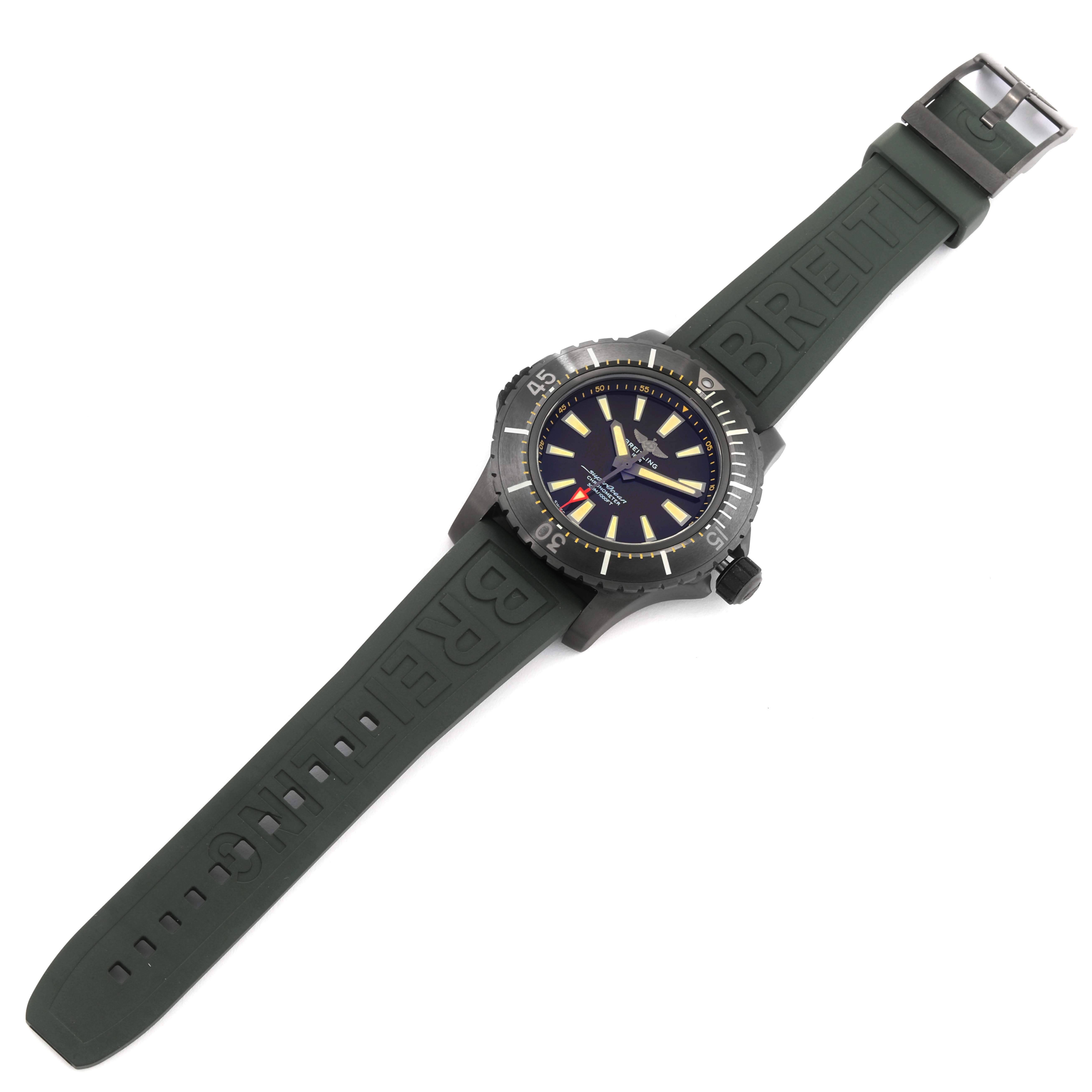 The Breitling Superocean V17369 Men's Titanium Green Dial V17369 Men's Titanium Green Dial watch is shown from a top-down angle, displaying the dial, bezel, and the full strap with buckle.