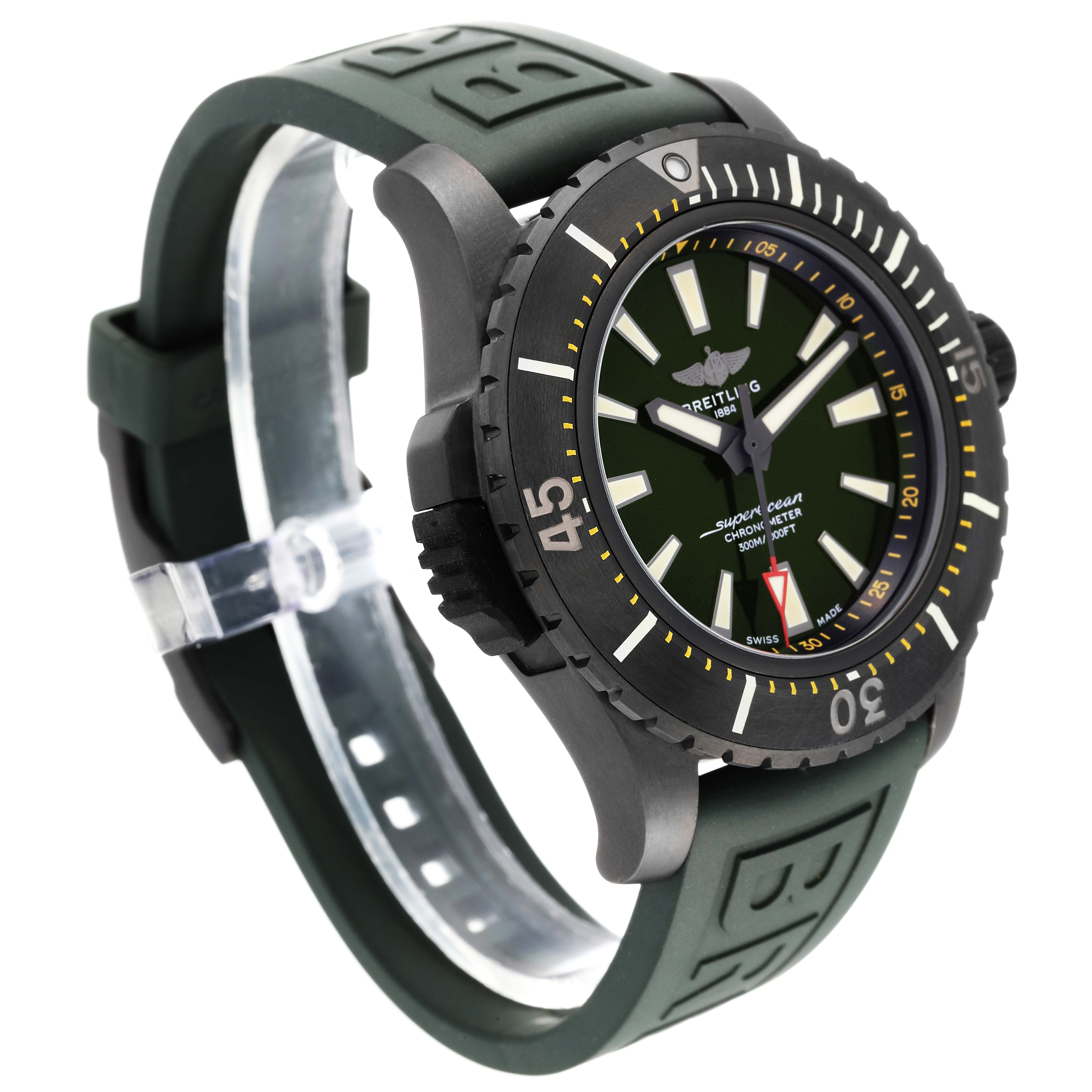 The Breitling Superocean V17369 Men's Titanium Green Dial V17369 Men's Titanium Green Dial watch is shown at a slight angle, highlighting its face, bezel, and green rubber strap.