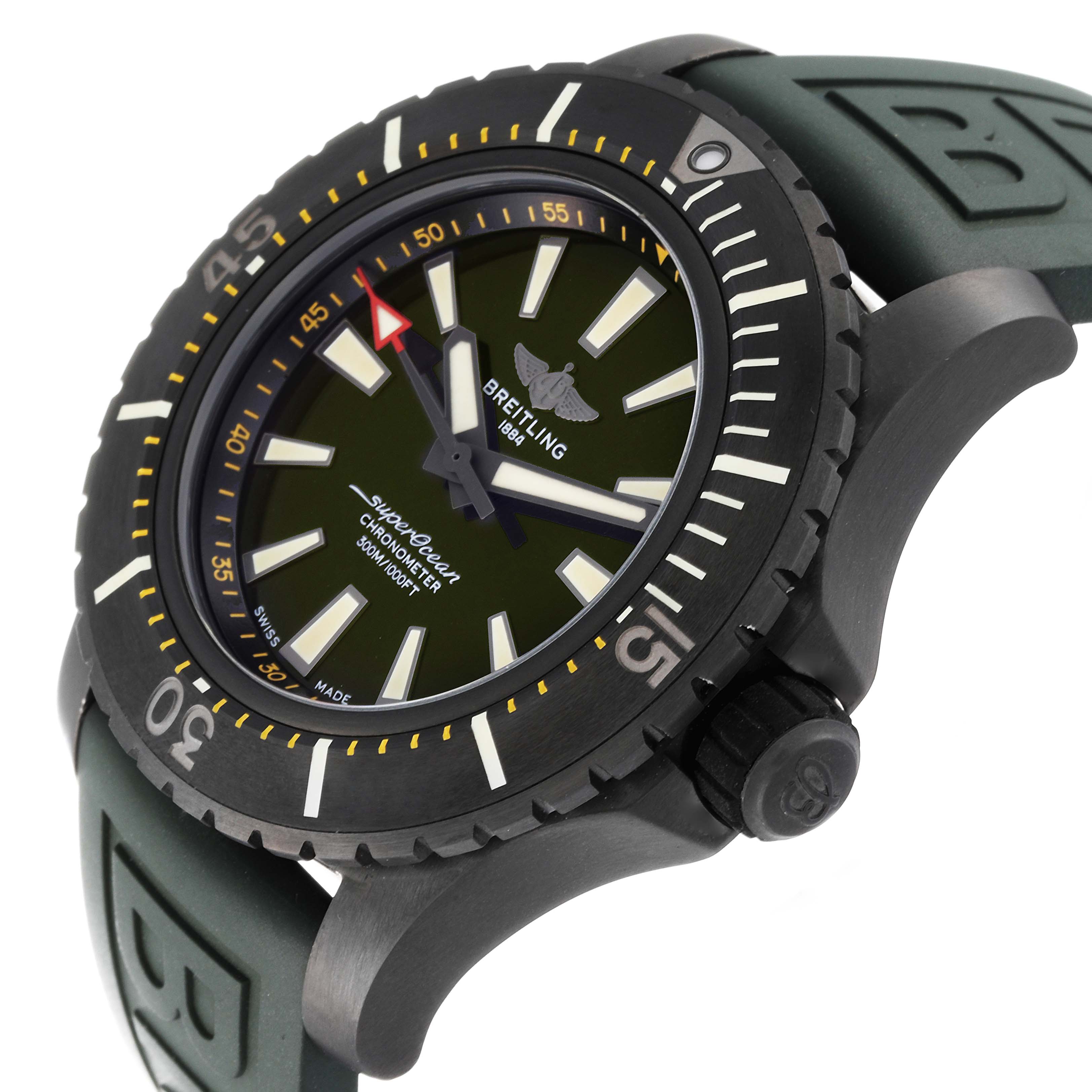 The image shows a Breitling Superocean V17369 Men's Titanium Green Dial V17369 Men's Titanium Green Dial watch from a side and slightly top angle, highlighting its bezel, dial, and strap.