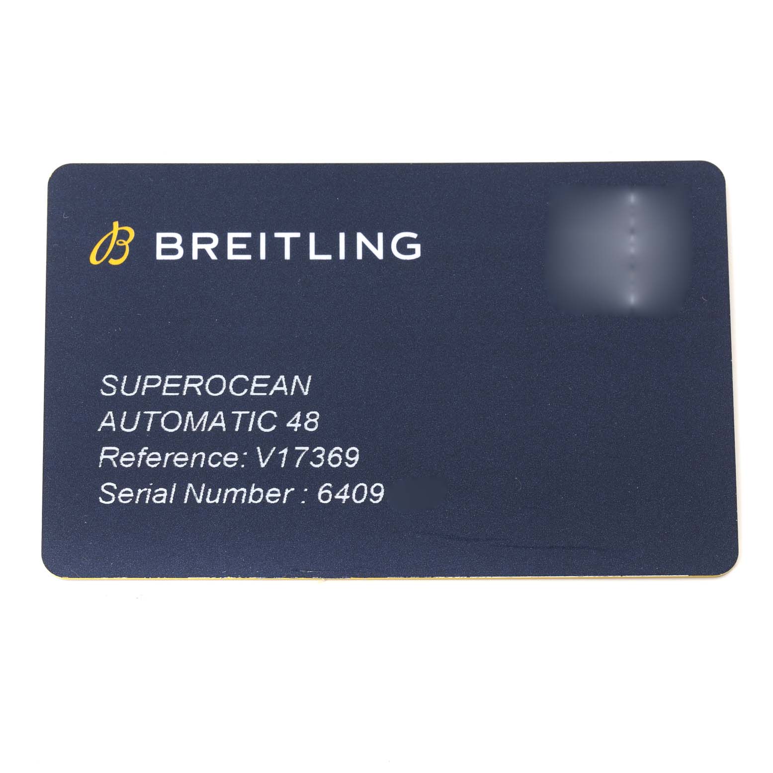 This image shows a warranty or authentication card for the Breitling Superocean V17369 Men's Titanium Green Dial V17369 Men's Titanium Green Dial Automatic 48 model, displaying its reference and serial number.