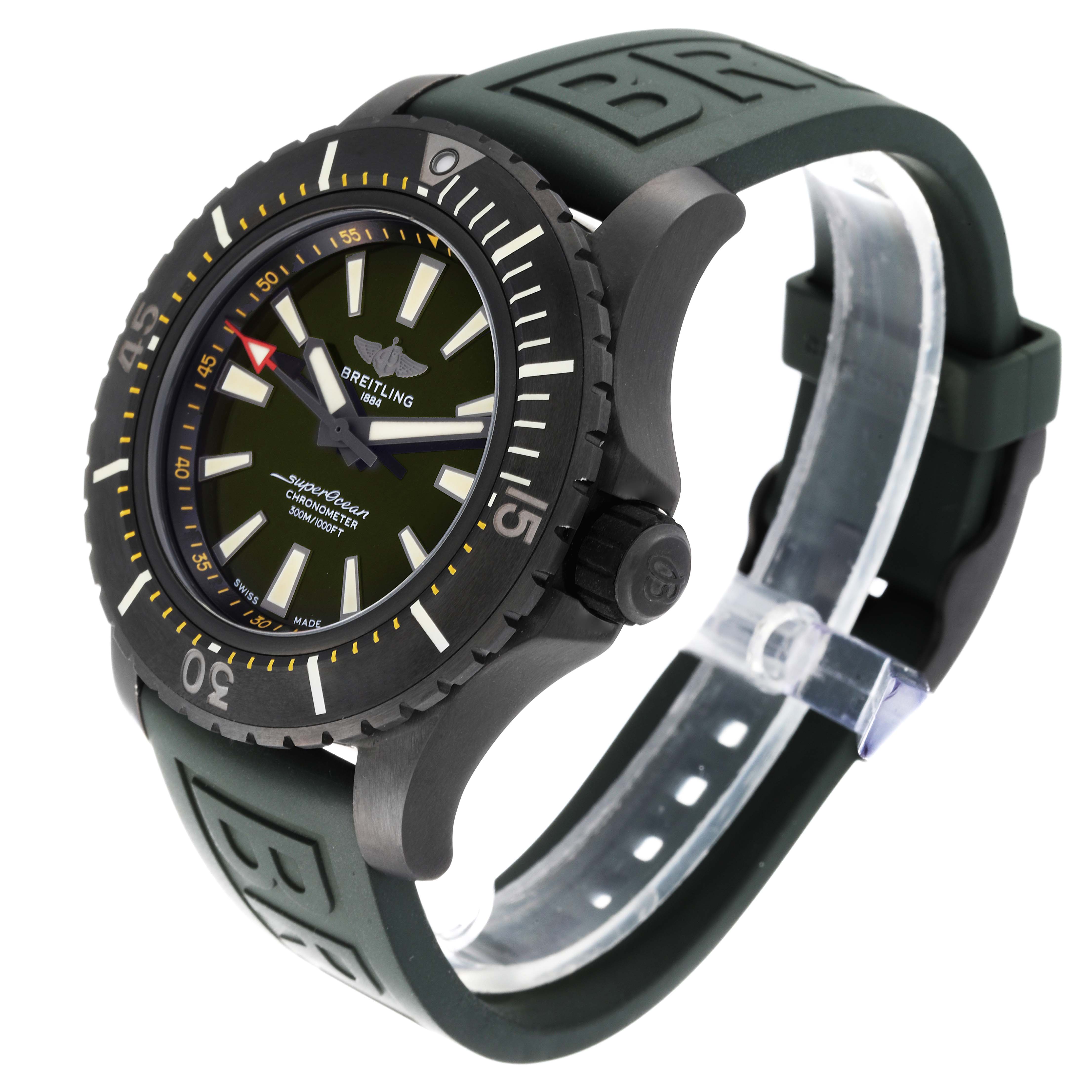 The Breitling Superocean V17369 Men's Titanium Green Dial V17369 Men's Titanium Green Dial watch is shown at a slight side angle, displaying the face, bezel, crown, and strap.