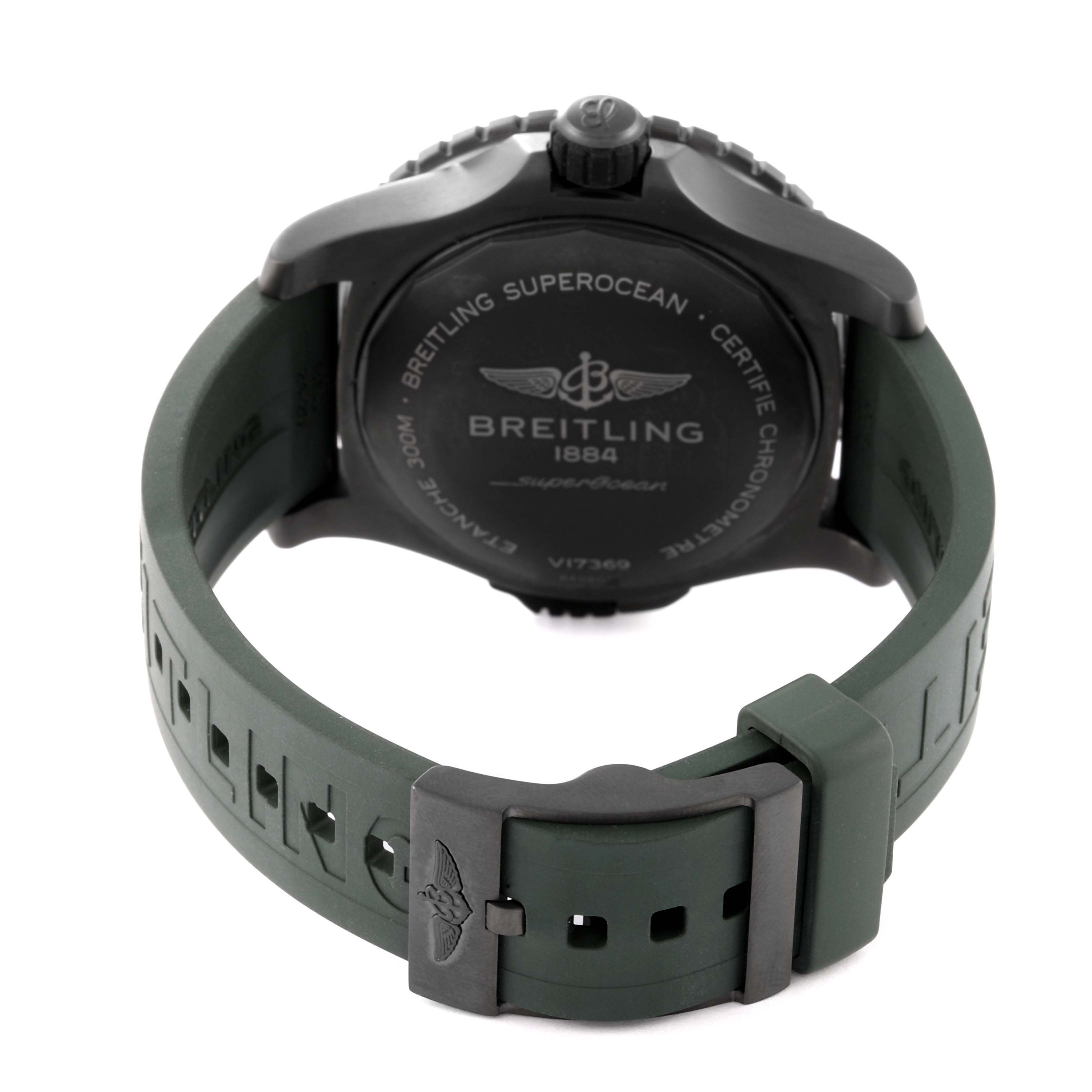 The image shows the back of a Breitling Superocean V17369 Men's Titanium Green Dial V17369 Men's Titanium Green Dial watch, focusing on the case back and green rubber strap with buckle.