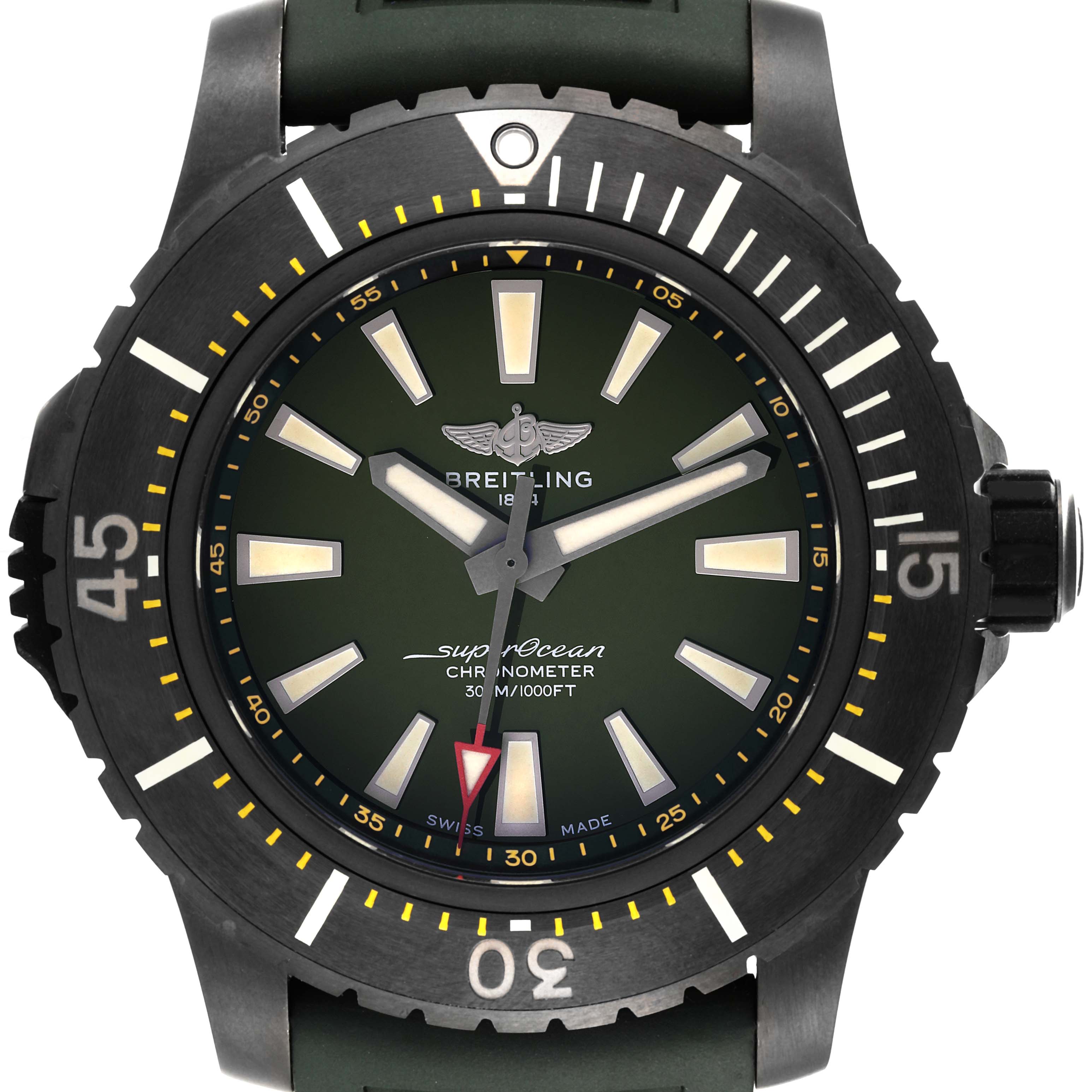 The image shows a front view of the Breitling Superocean V17369 Men's Titanium Green Dial V17369 Men's Titanium Green Dial watch, highlighting the face, bezel, and part of the band.
