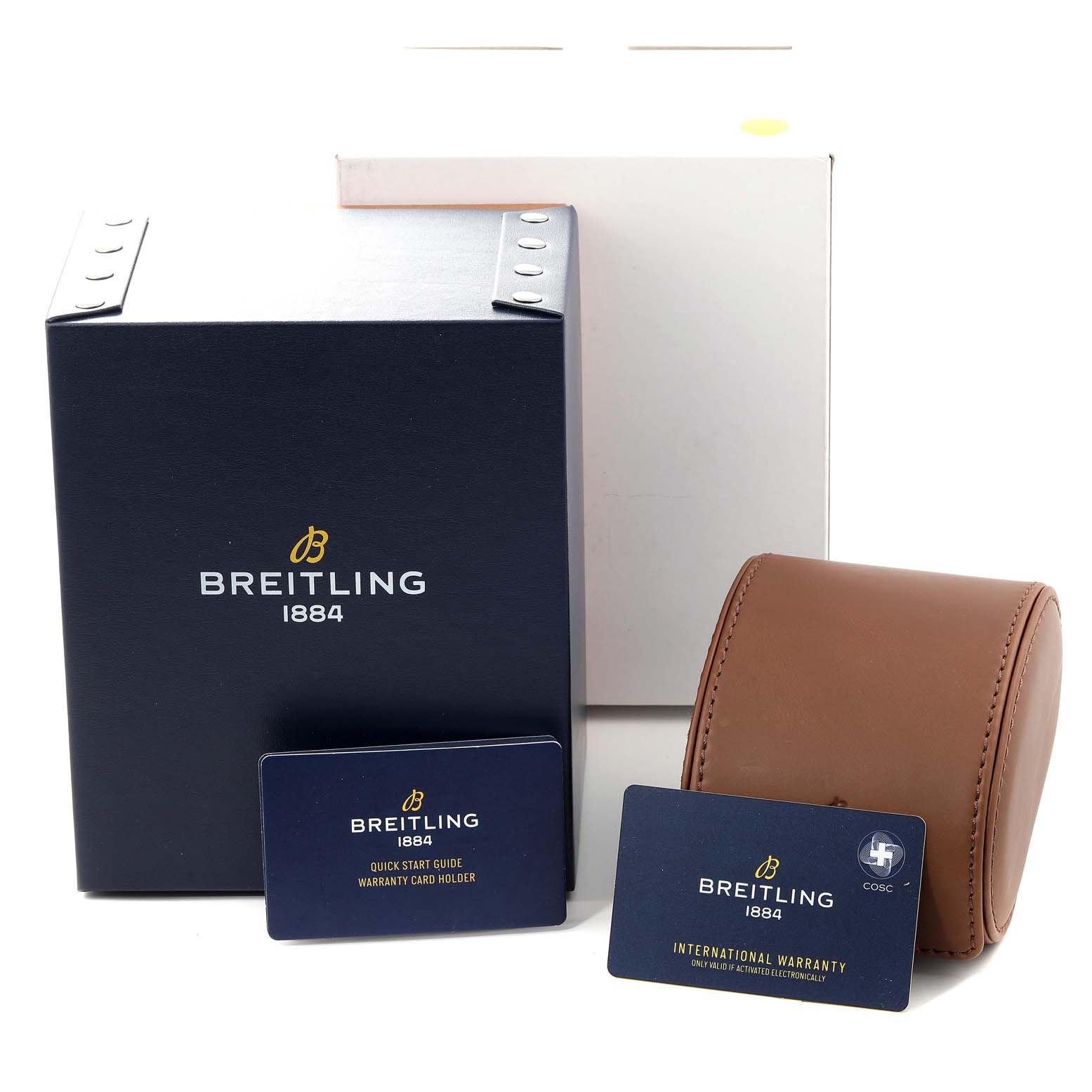 The image shows the packaging and accessories of the Breitling Superocean V17369 Men's Titanium Green Dial V17369 Men's Titanium Green Dial watch, including boxes, a leather case, and warranty cards.