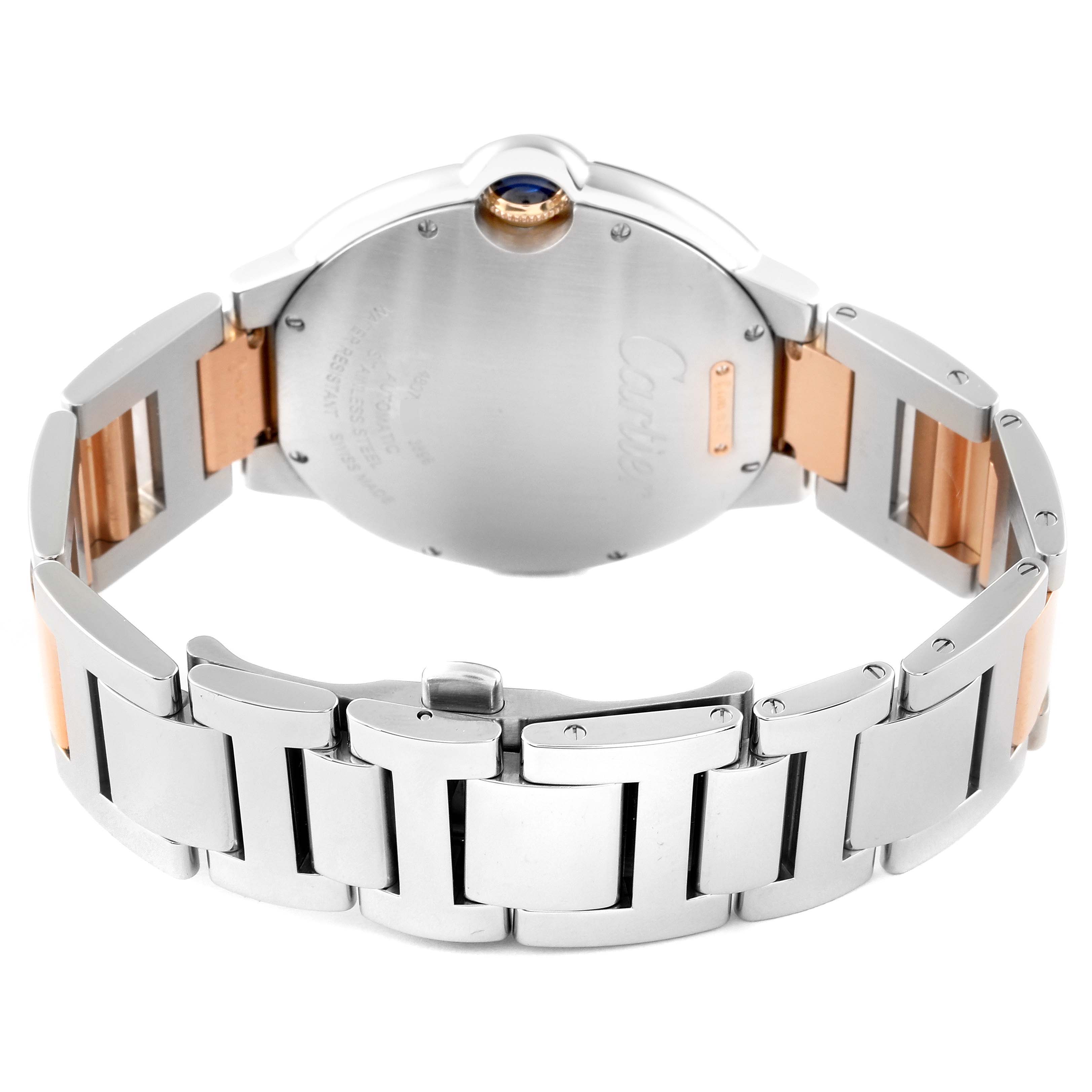 The image shows the back and bracelet of a Cartier Ballon Bleu W2BB0004 Men's Steel and Gold (two tone) Silver Dial W2BB0004 Men's Steel and Gold (two tone) Silver Dial watch.