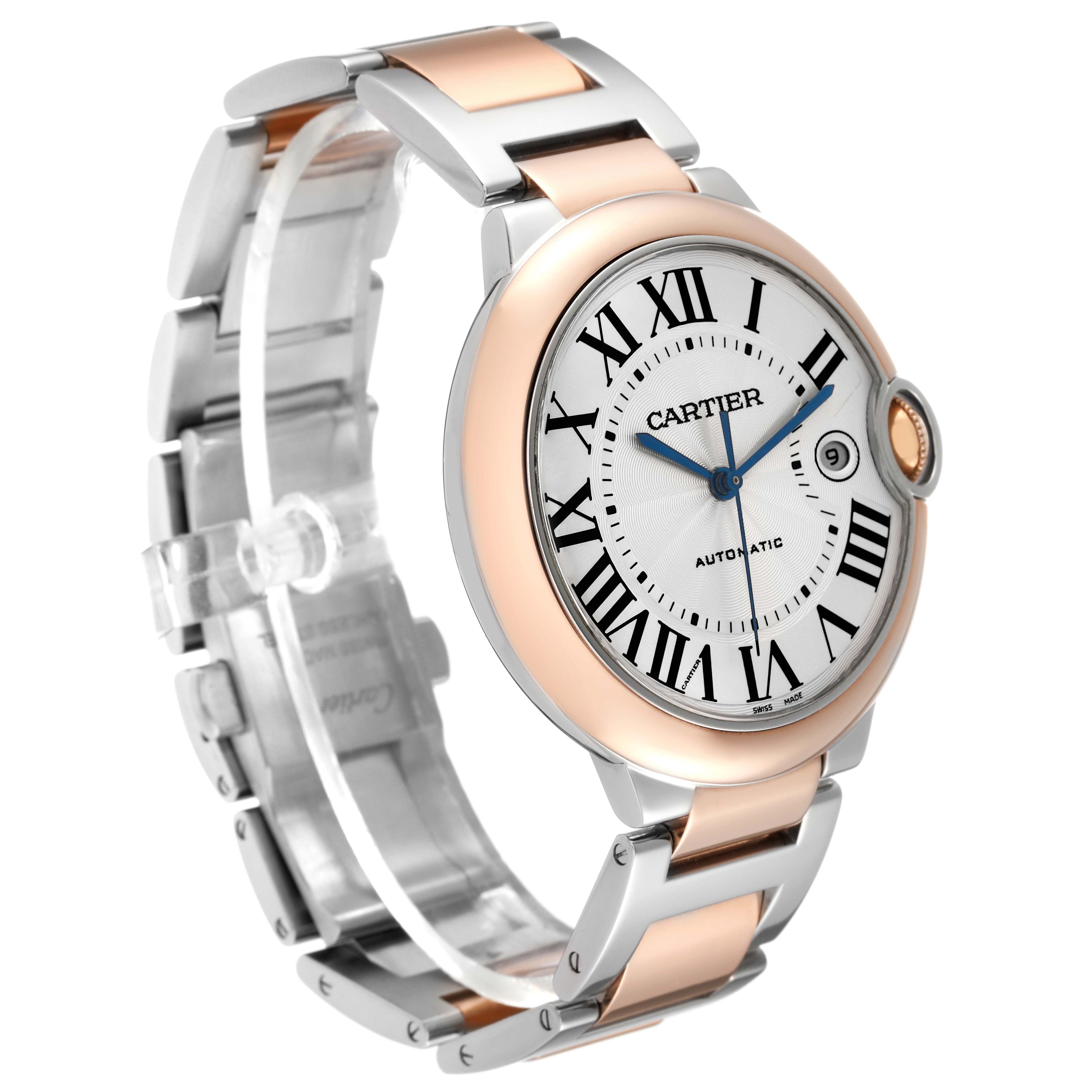 The image shows a side-angle view of the Ballon Bleu watch by Cartier, highlighting its dial, bracelet, and clasp.