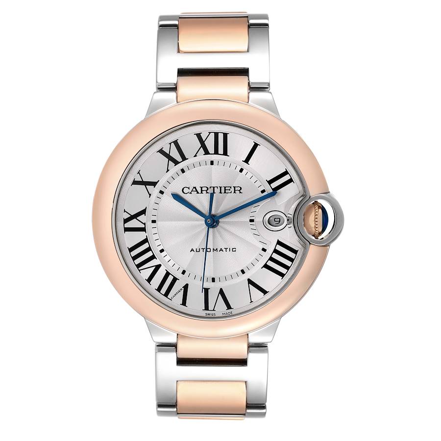 Cartier Ballon Bleu 42 Steel Rose Gold Silver Dial Mens Watch