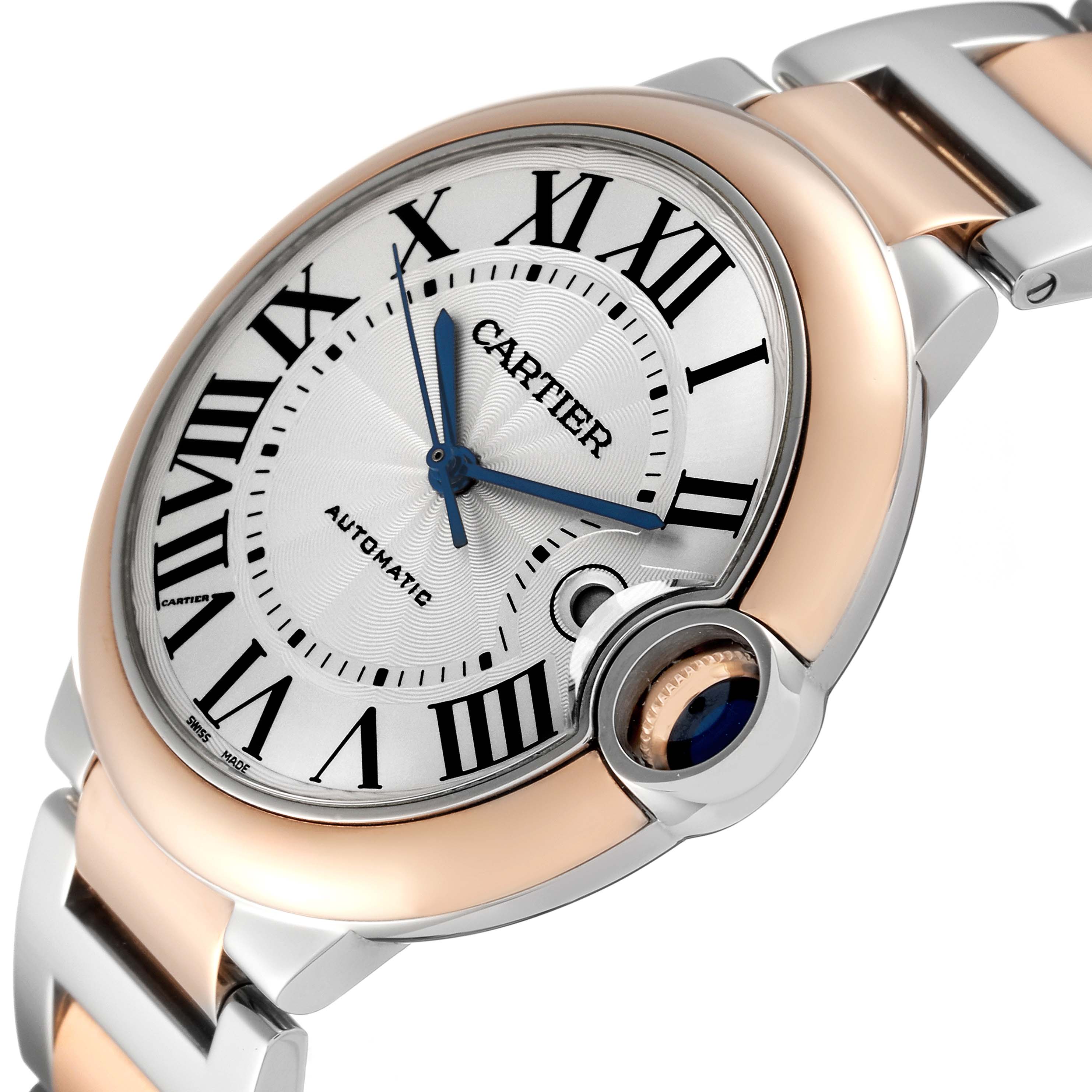 This image shows a close-up angle of the Cartier Ballon Bleu W2BB0004 Men's Steel and Gold (two tone) Silver Dial W2BB0004 Men's Steel and Gold (two tone) Silver Dial watch, highlighting the dial, Roman numerals, hands, and part of the bracelet.