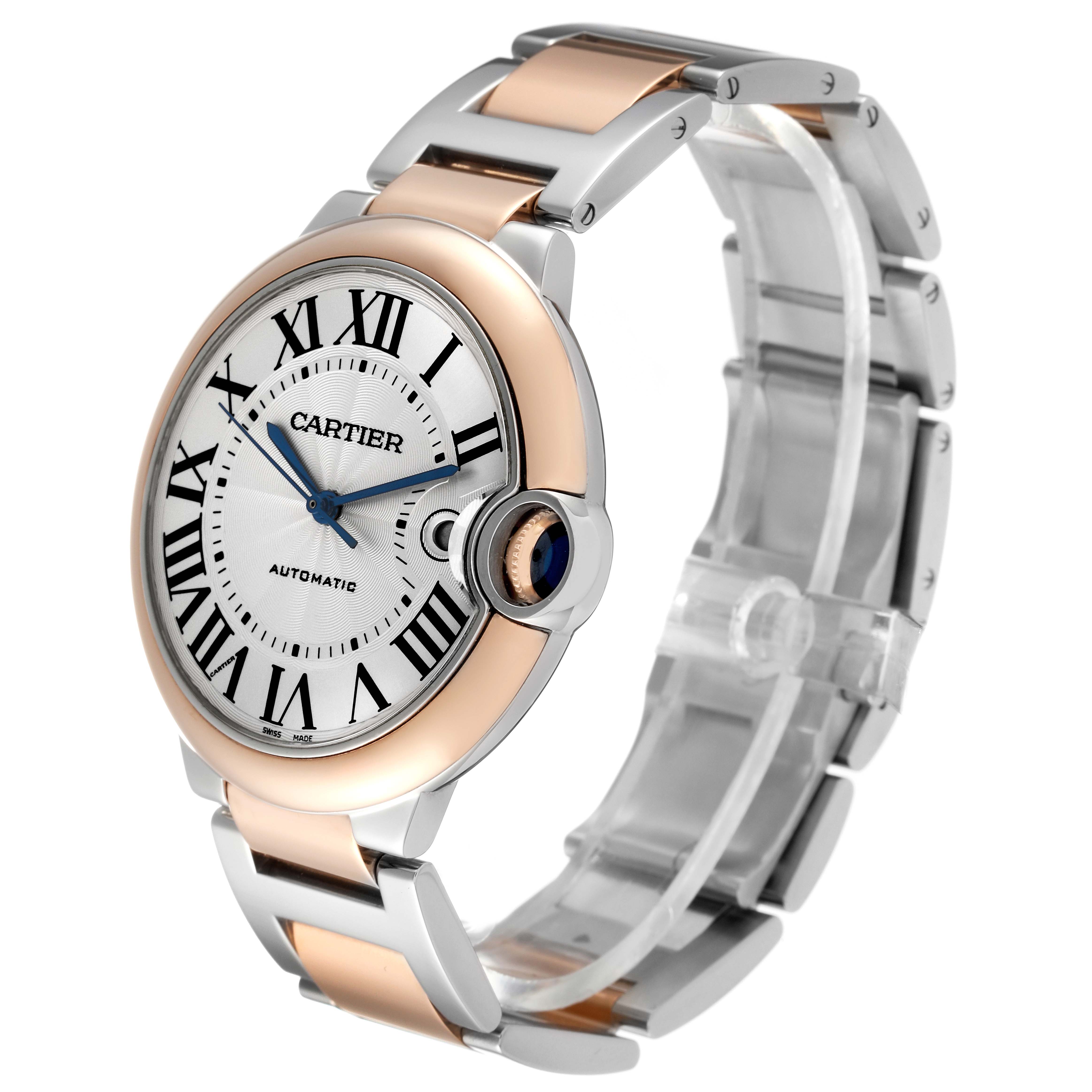 The image shows a Ballon Bleu de Cartier watch at a three-quarter angle, highlighting the dial, case, and bracelet.