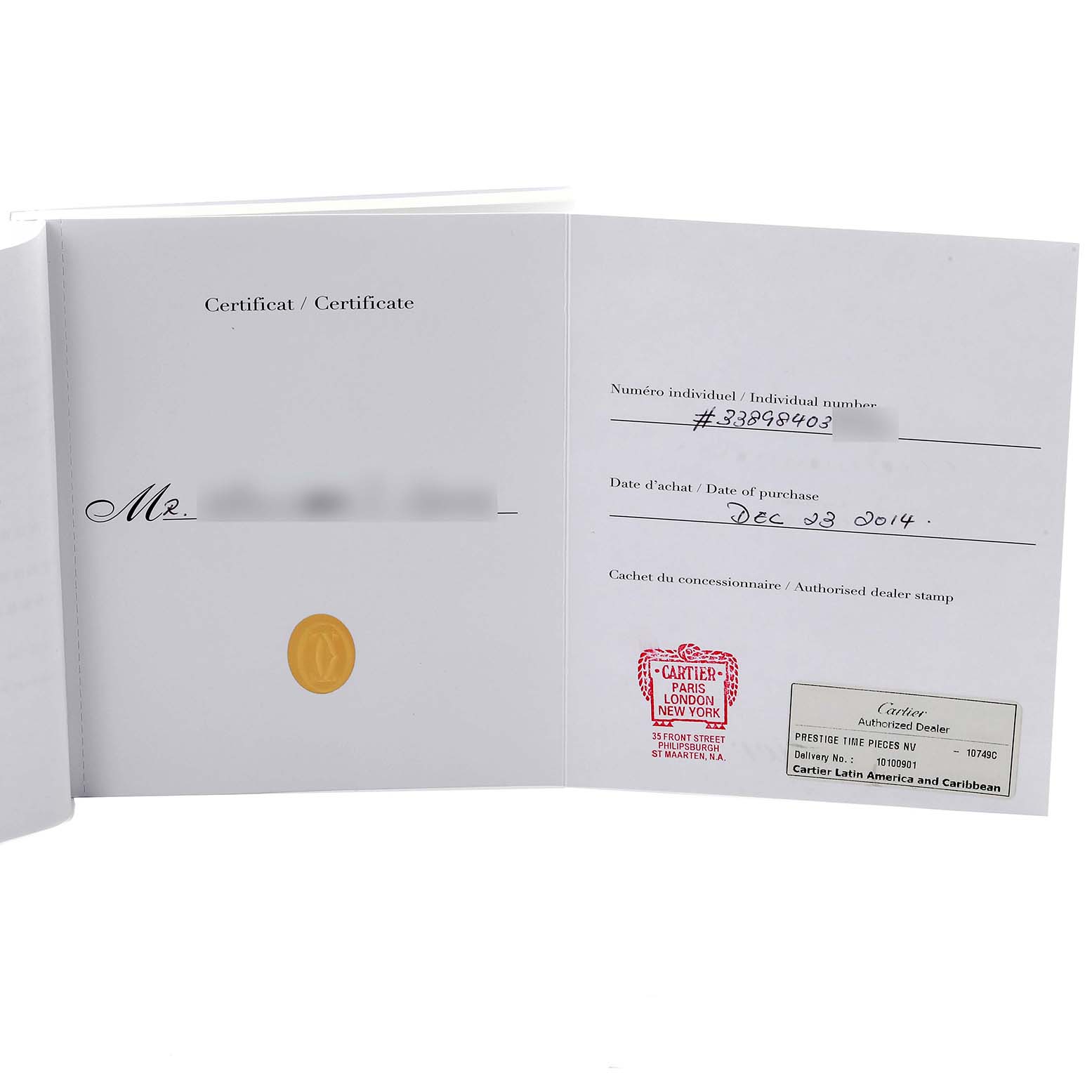 The image shows the warranty certificate for a Calibre de Cartier watch by Cartier, with purchase details and dealer stamp.