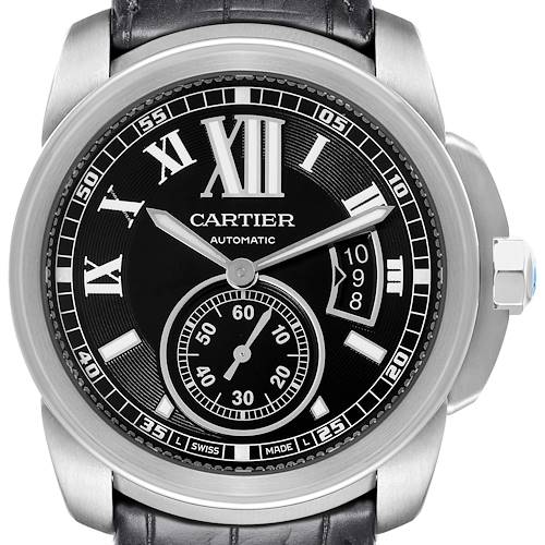 The image shows a frontal view of the Calibre de Cartier watch by Cartier, highlighting the dial, hands, sub-dial, and crown.