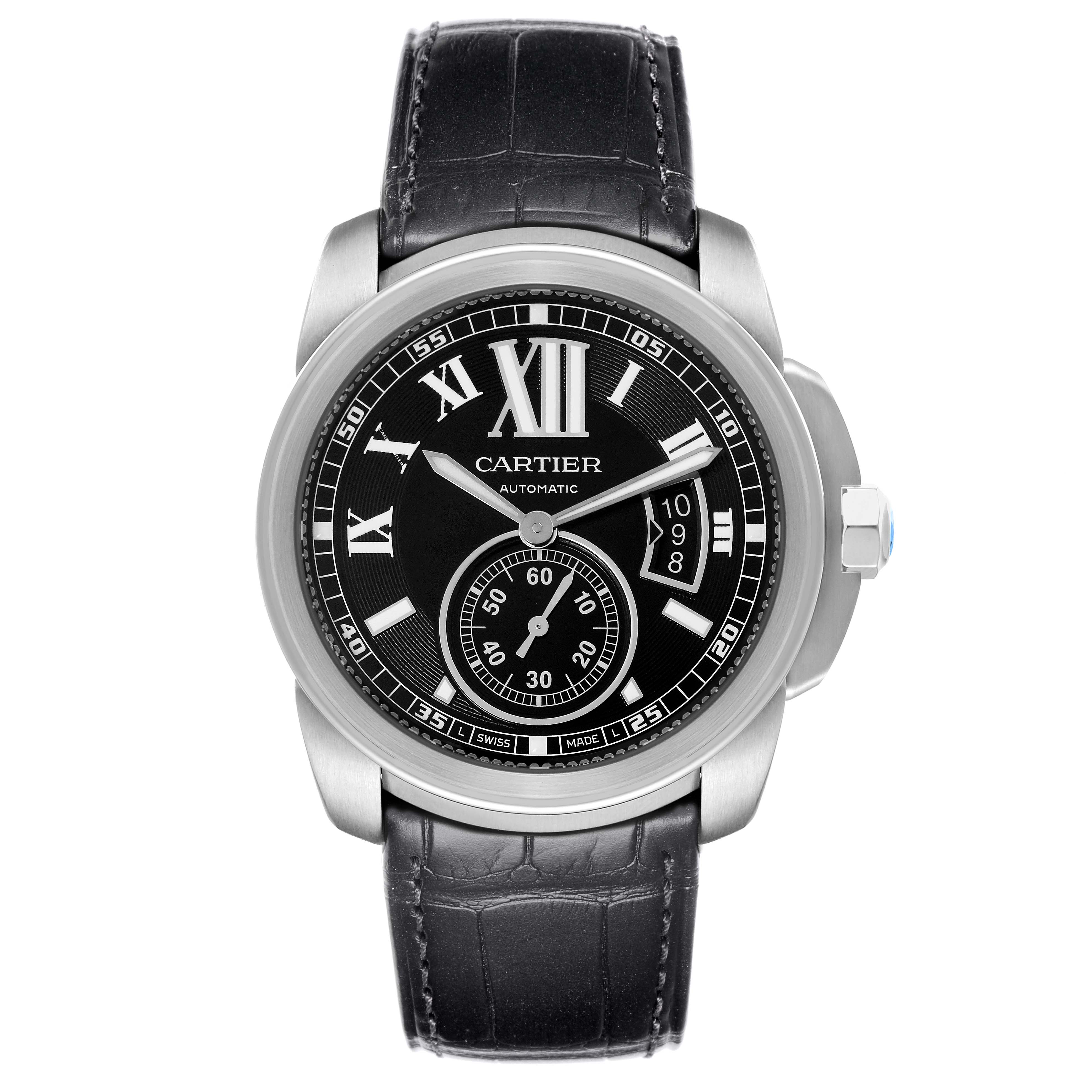 The image shows a front view of the Calibre de Cartier watch by Cartier, highlighting its dial, hands, and leather strap.
