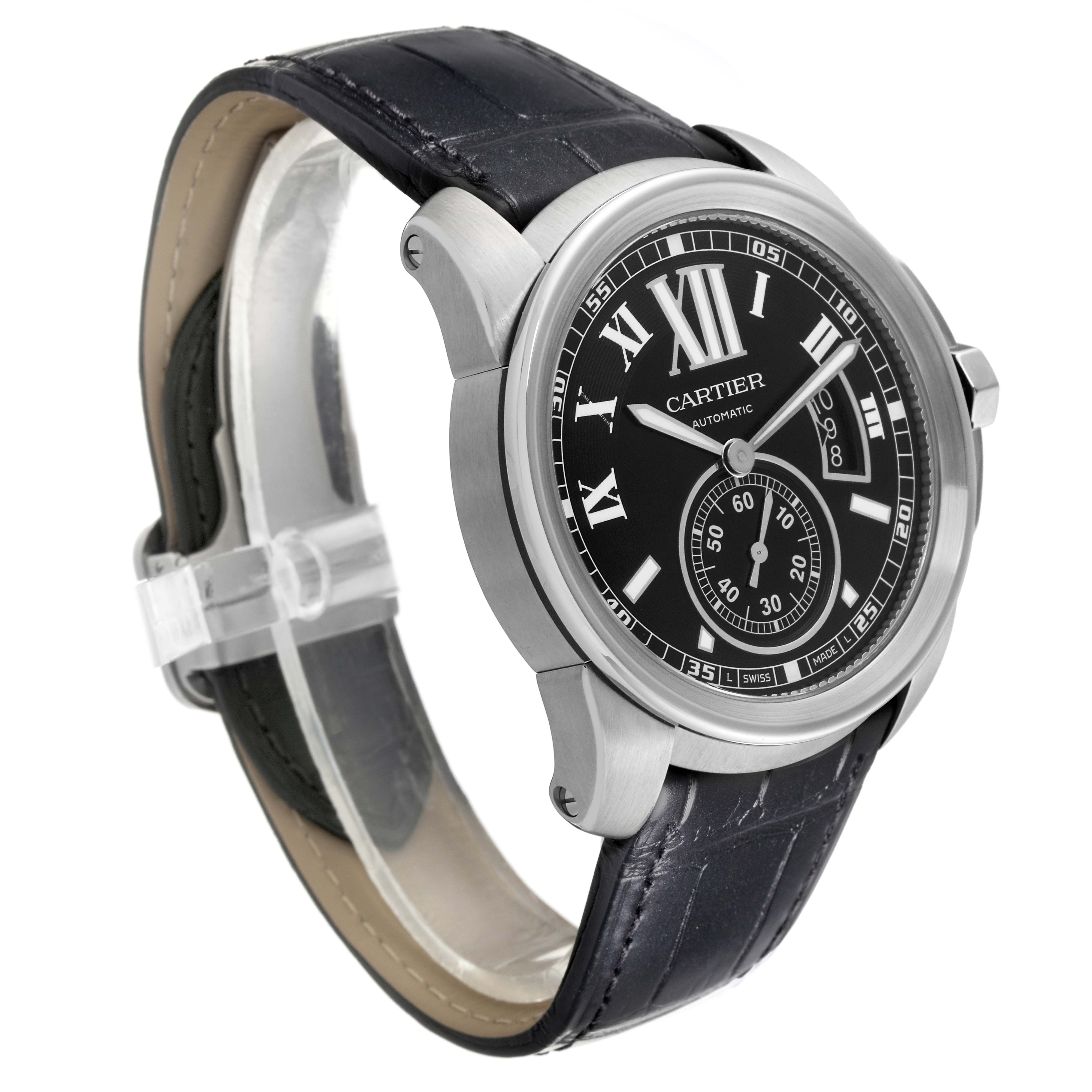 This image shows a side and partial front view of the Calibre de Cartier model by Cartier, displaying its case, black dial, and strap.