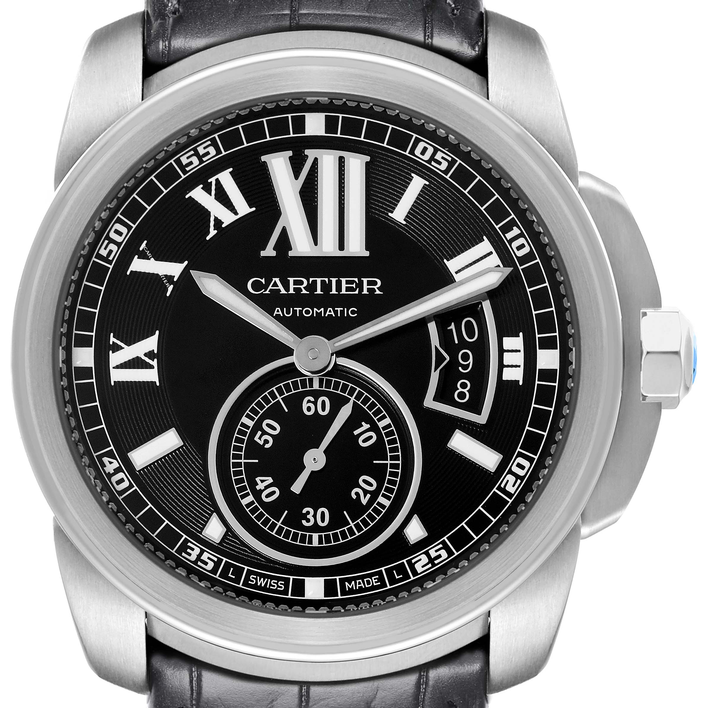 The image shows a frontal view of the Calibre de Cartier watch by Cartier, highlighting its black dial, Roman numerals, subdial, and date display.