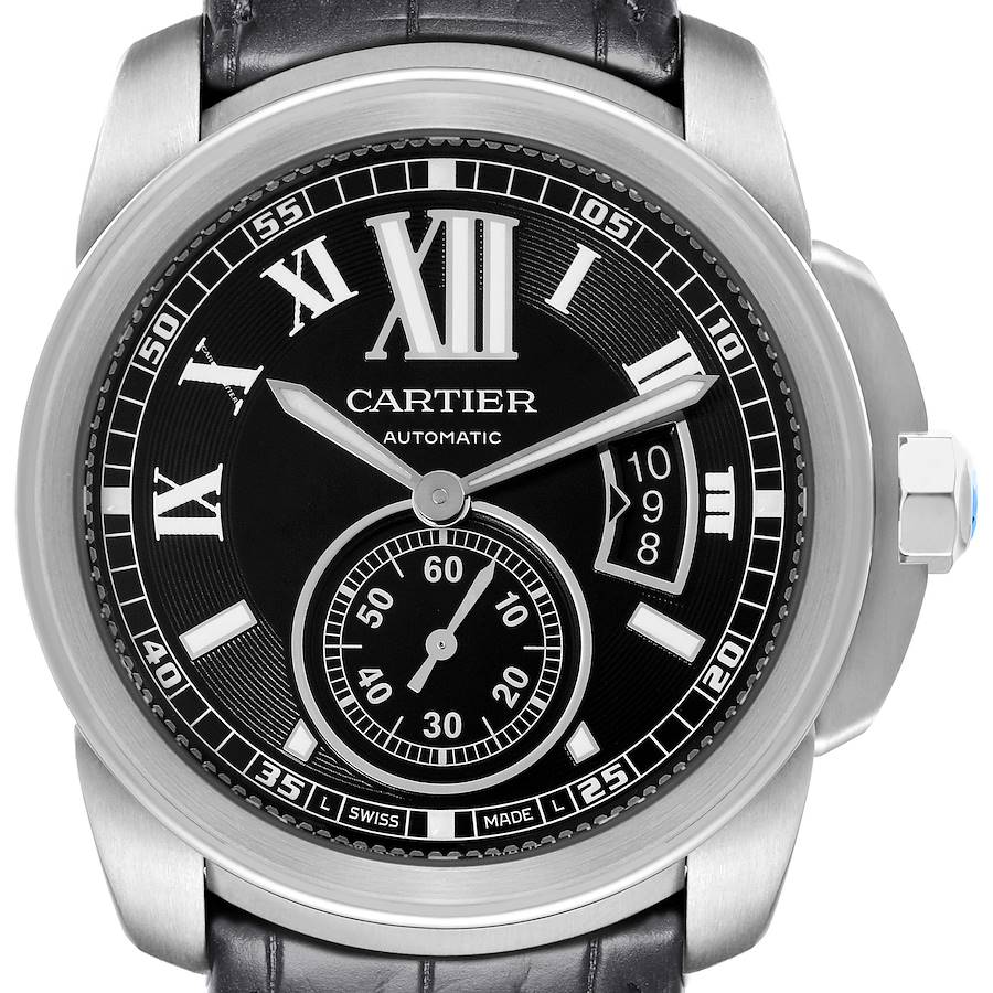 Cartier Calibre Black Dial Steel Mens Watch W7100041 Box Papers SwissWatchExpo