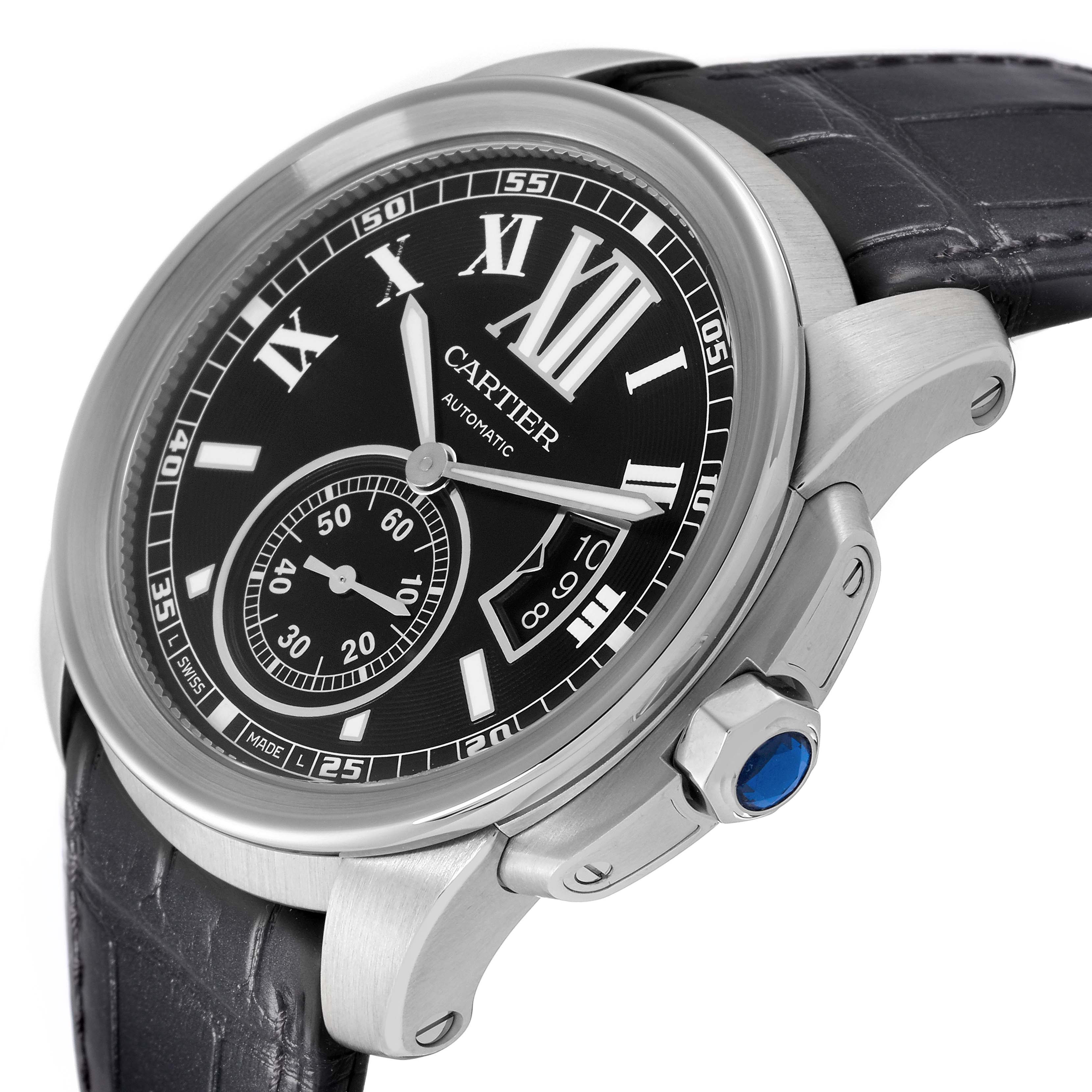 The image shows a Calibre de Cartier watch by Cartier from an angled front view, highlighting the watch face, bezel, and leather strap.