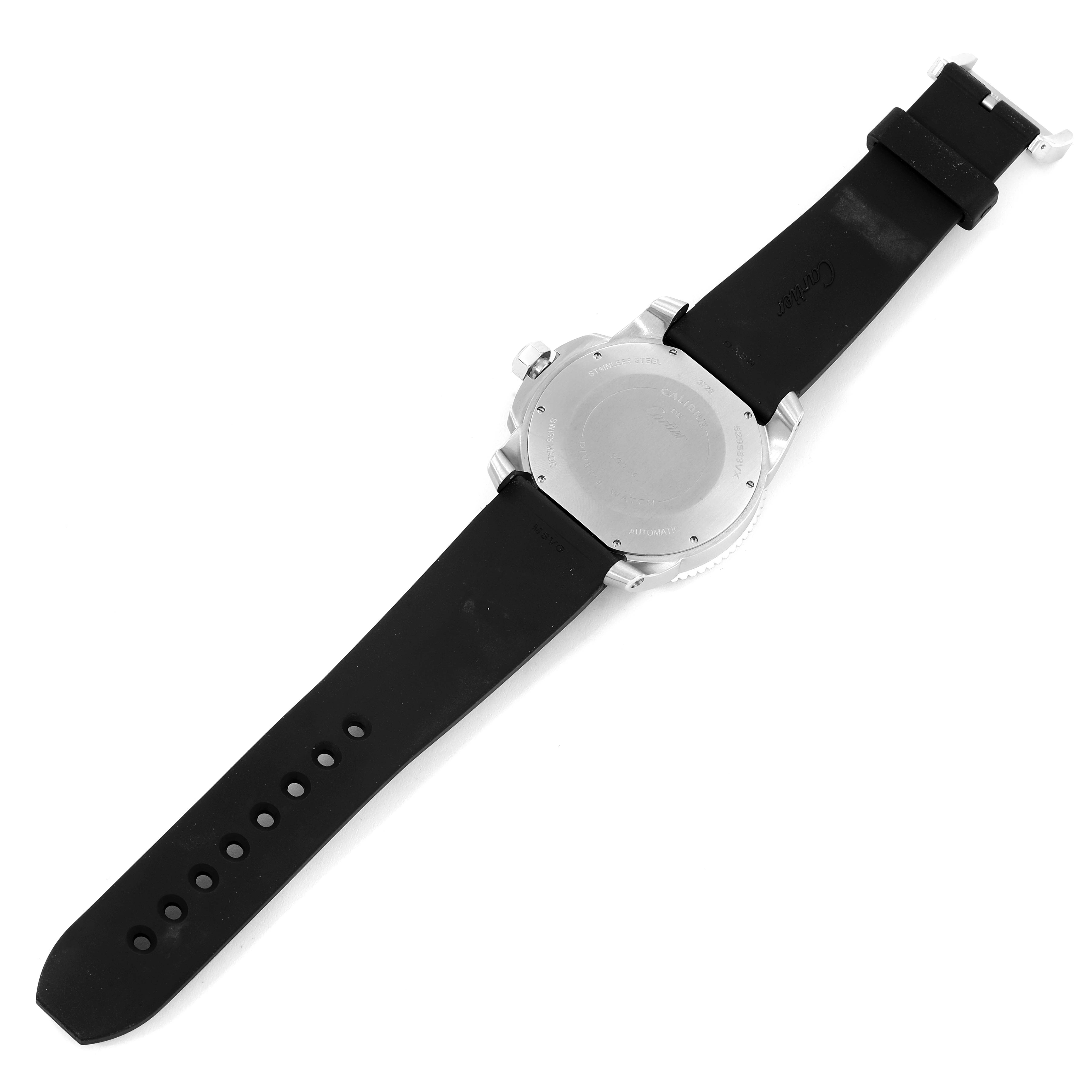 The image shows the back view of a Calibre de Cartier watch by Cartier, including its strap and case back.