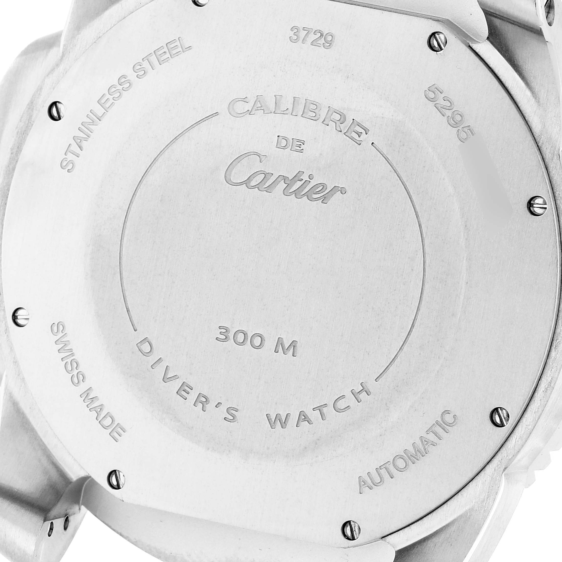 This is the back view of the Calibre de Cartier watch by Cartier, showing the case back with engravings.