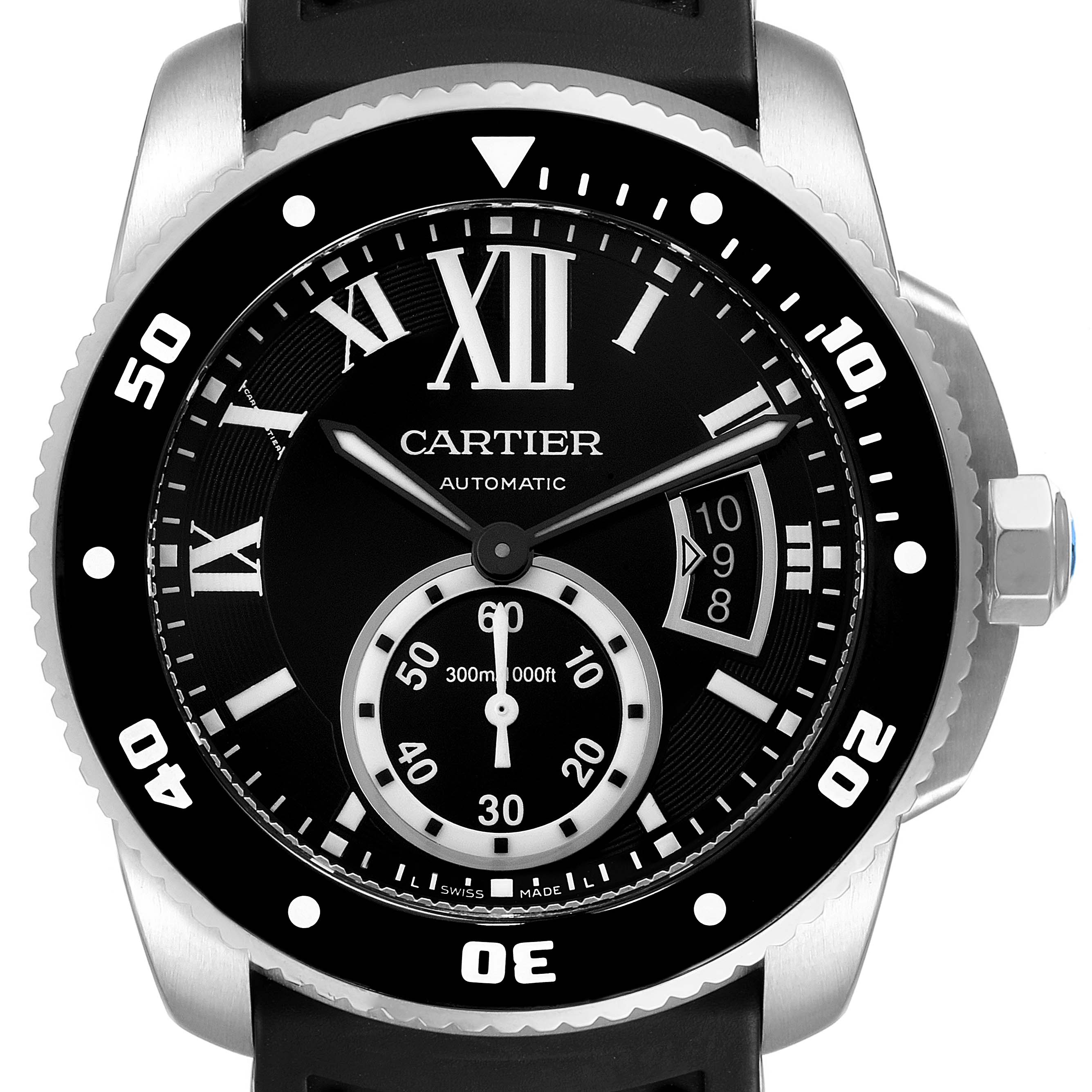 This image shows a frontal view of the Calibre de Cartier watch by Cartier, displaying its dial, bezel, and hands.