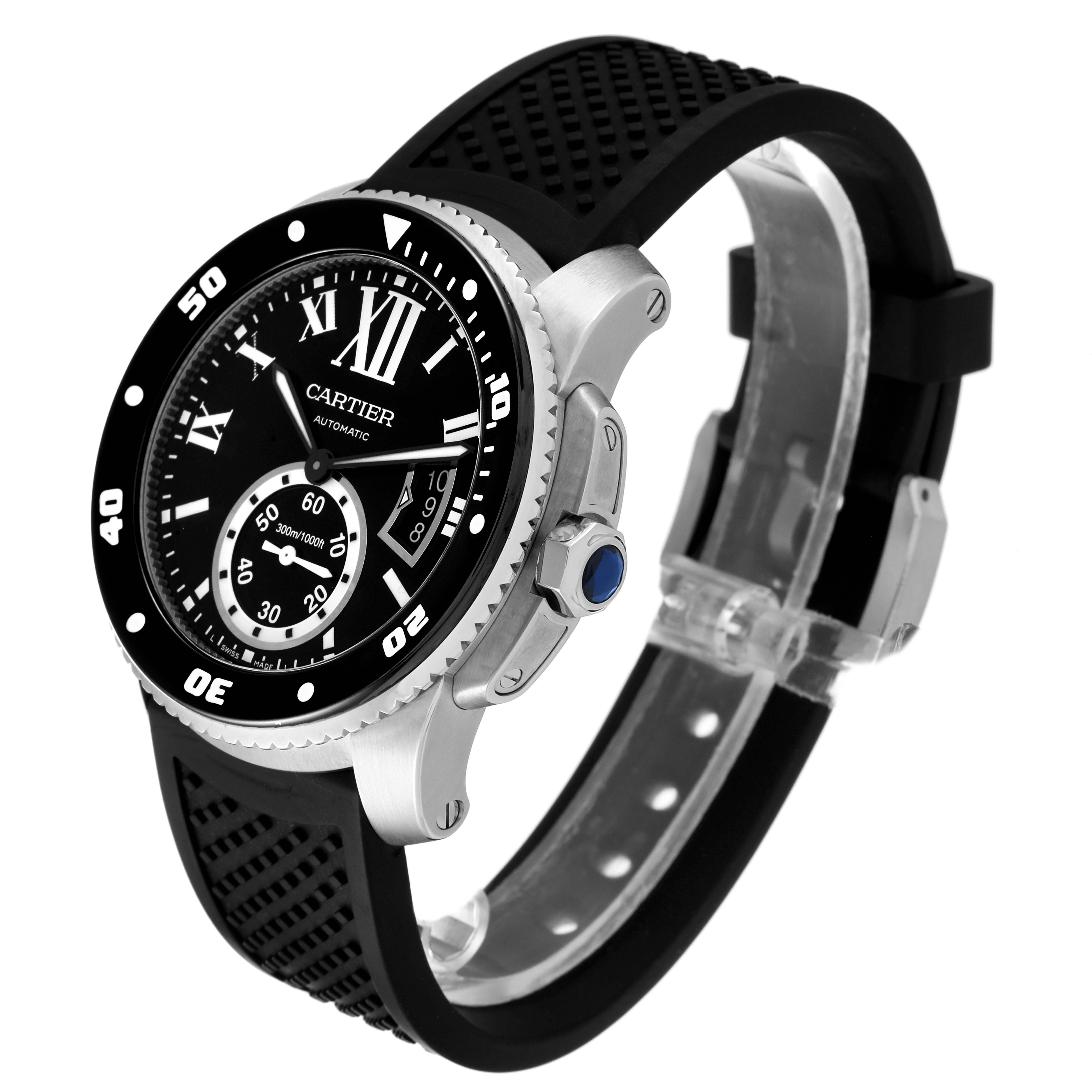 The Calibre de Cartier watch by Cartier is shown at an angle highlighting the face, bezel, crown, and rubber strap.