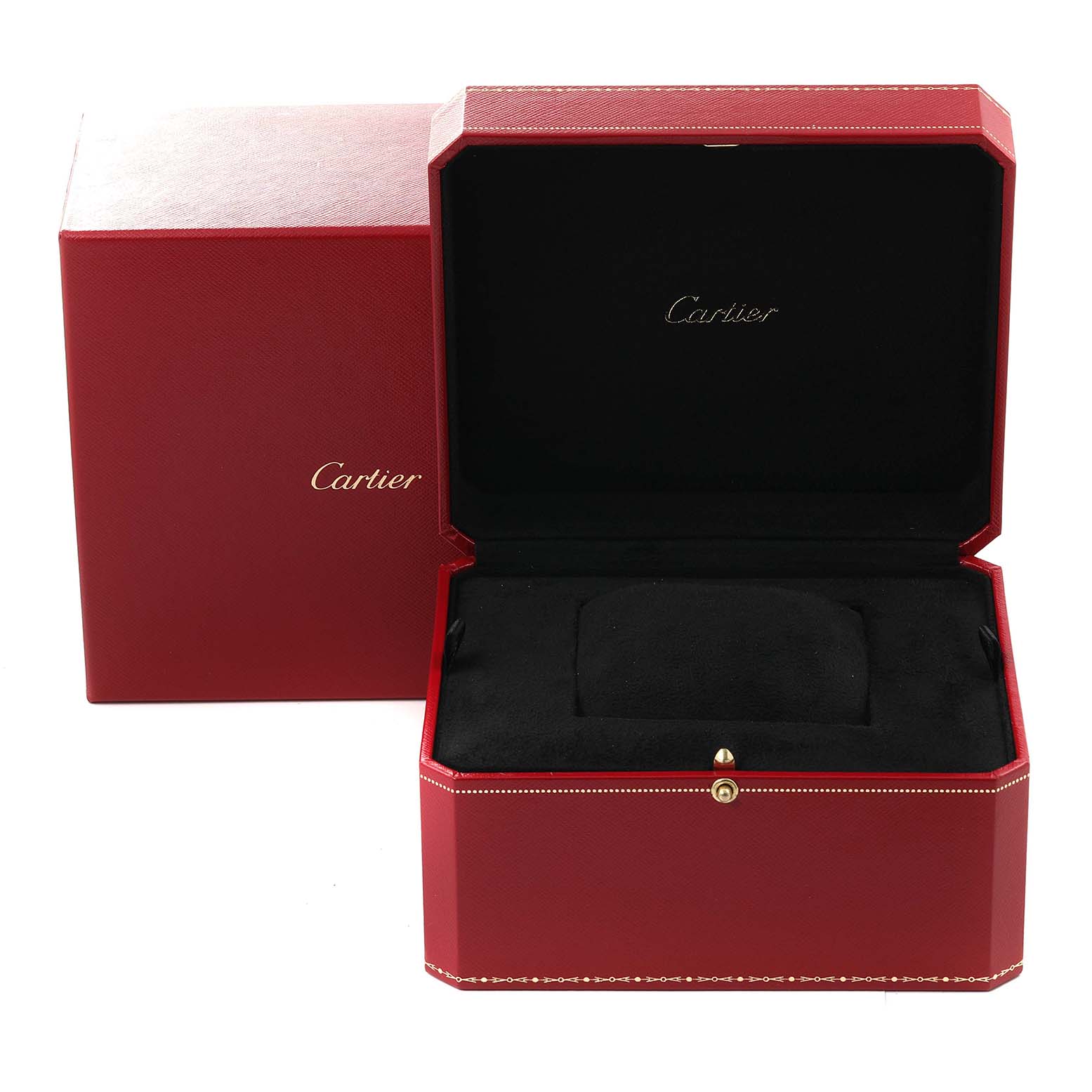 The image shows the red watch box and outer packaging for the Calibre de Cartier model by Cartier from a front angle.