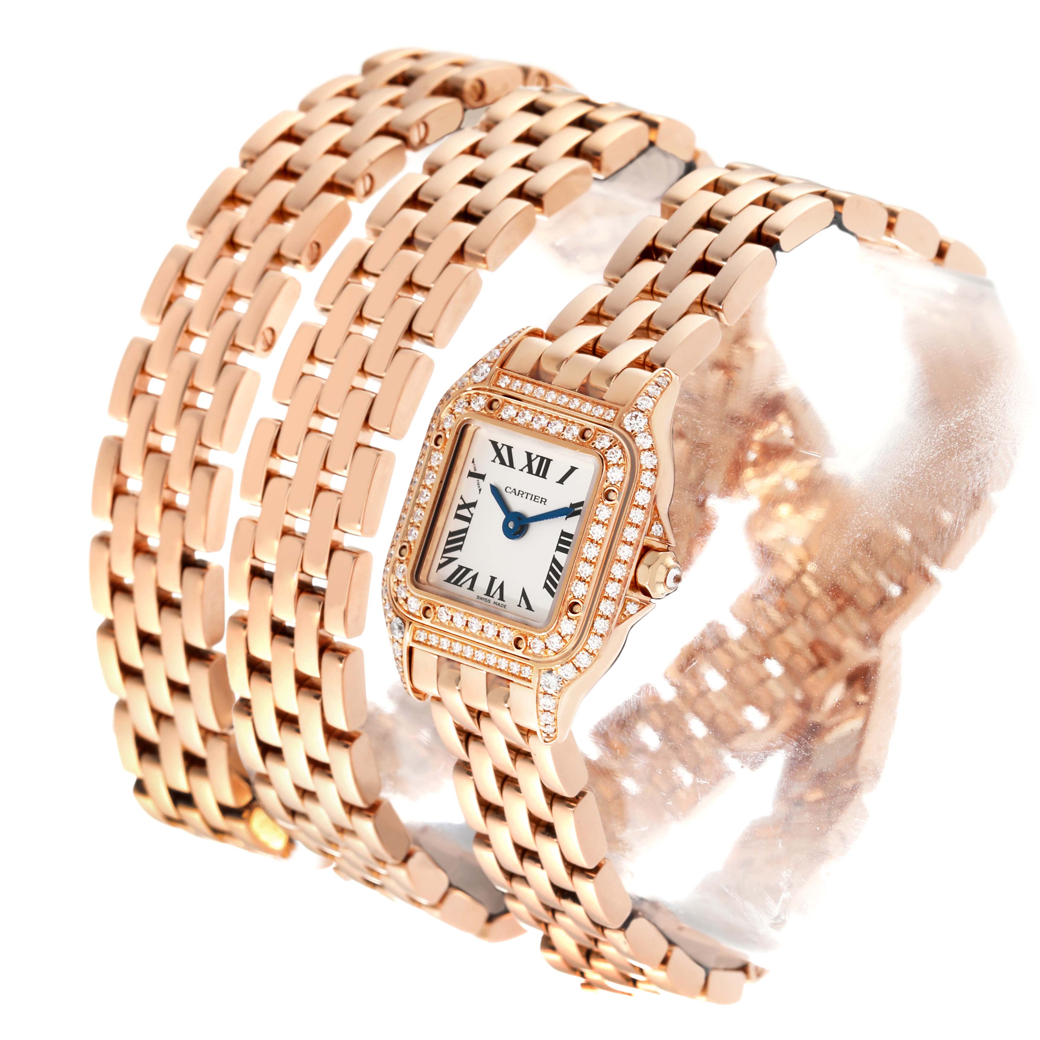 This image shows a Cartier Panthere WJPN0013 Women's Rose Gold Silver Dial WJPN0013 Women's Rose Gold Silver Dial model watch, featuring the face, bezel, and multi-row bracelet in a rose gold tone with diamonds.