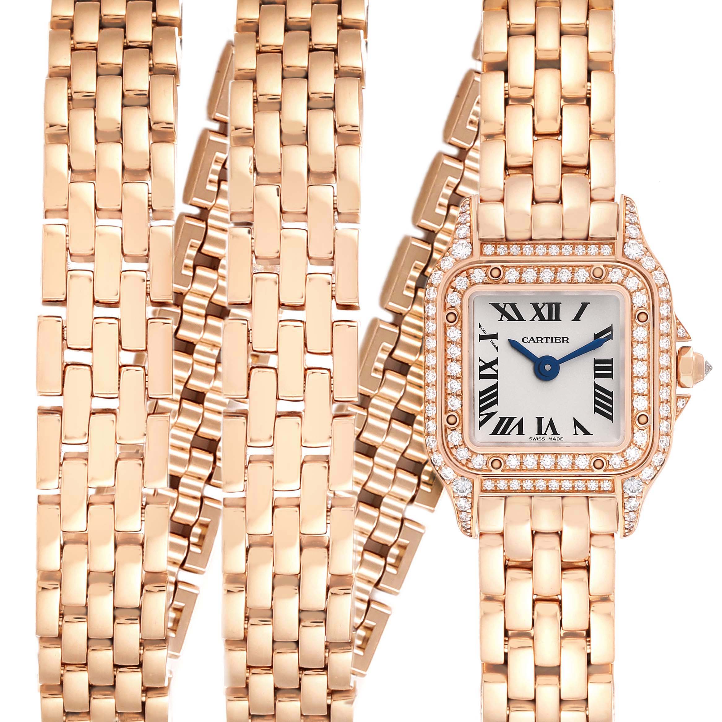 This image shows a Panthere model by Cartier, highlighting the watch face and the intricate link bracelet, from a front view.