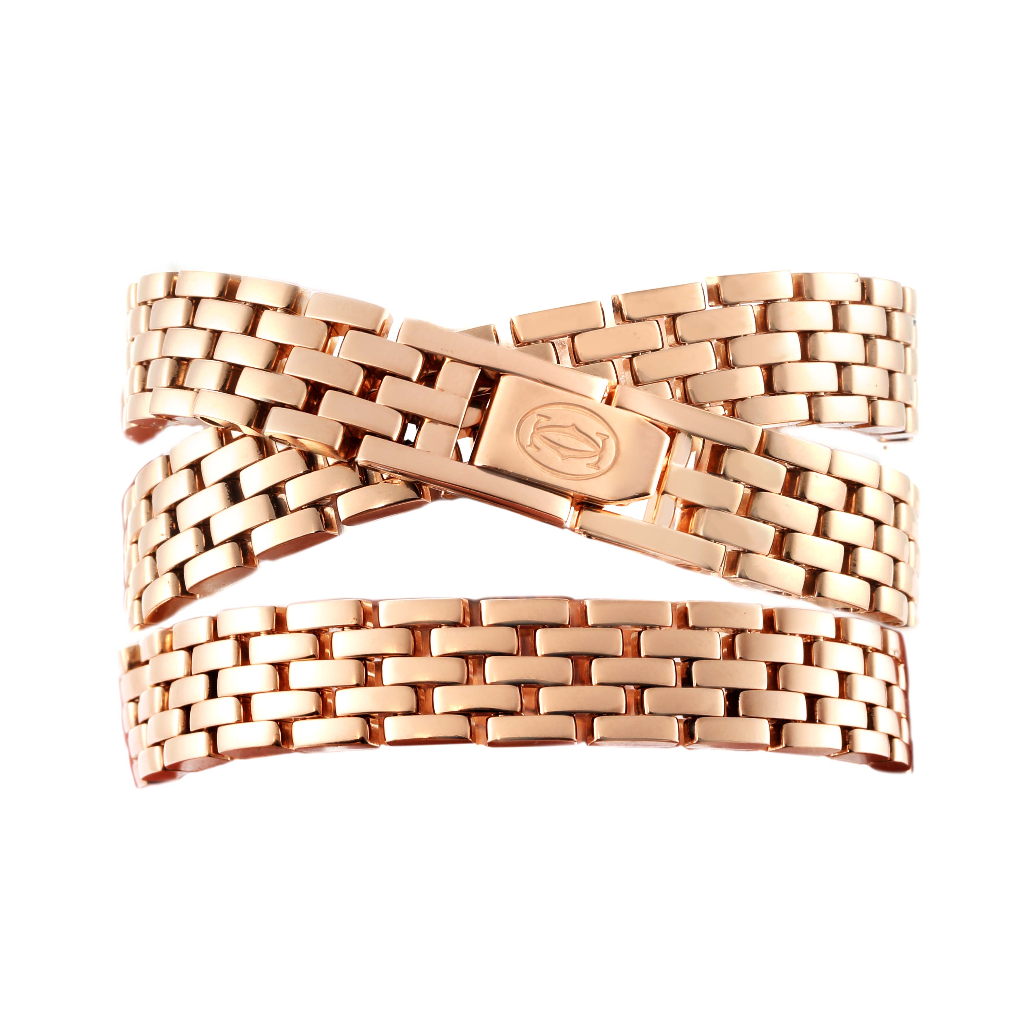 The image shows a rose gold bracelet strap for the Panthere model by Cartier, displayed in a twisted configuration.