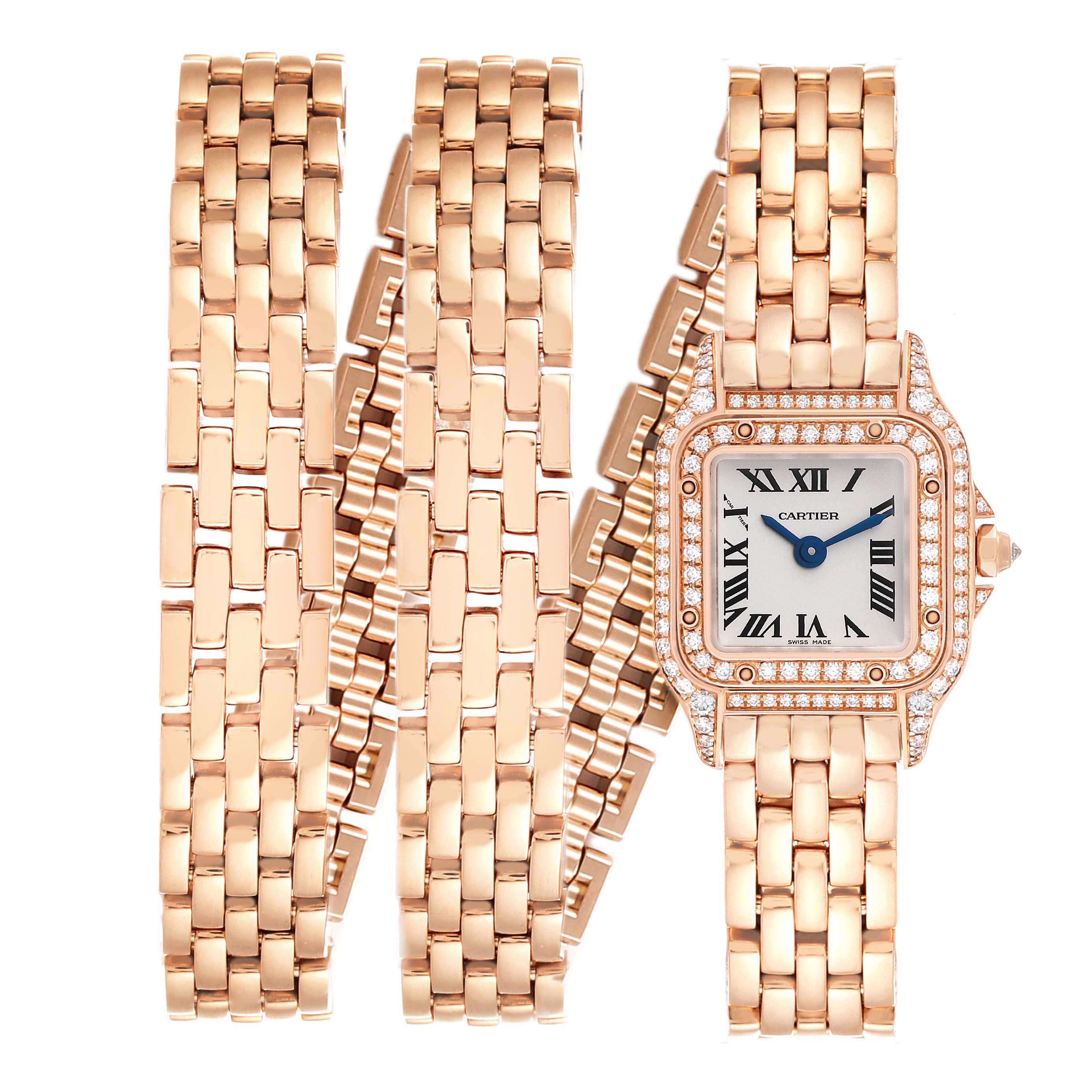 The image shows a frontal view of the Cartier Panthere WJPN0013 Women's Rose Gold Silver Dial WJPN0013 Women's Rose Gold Silver Dial watch, highlighting its face and multiple bracelet links.