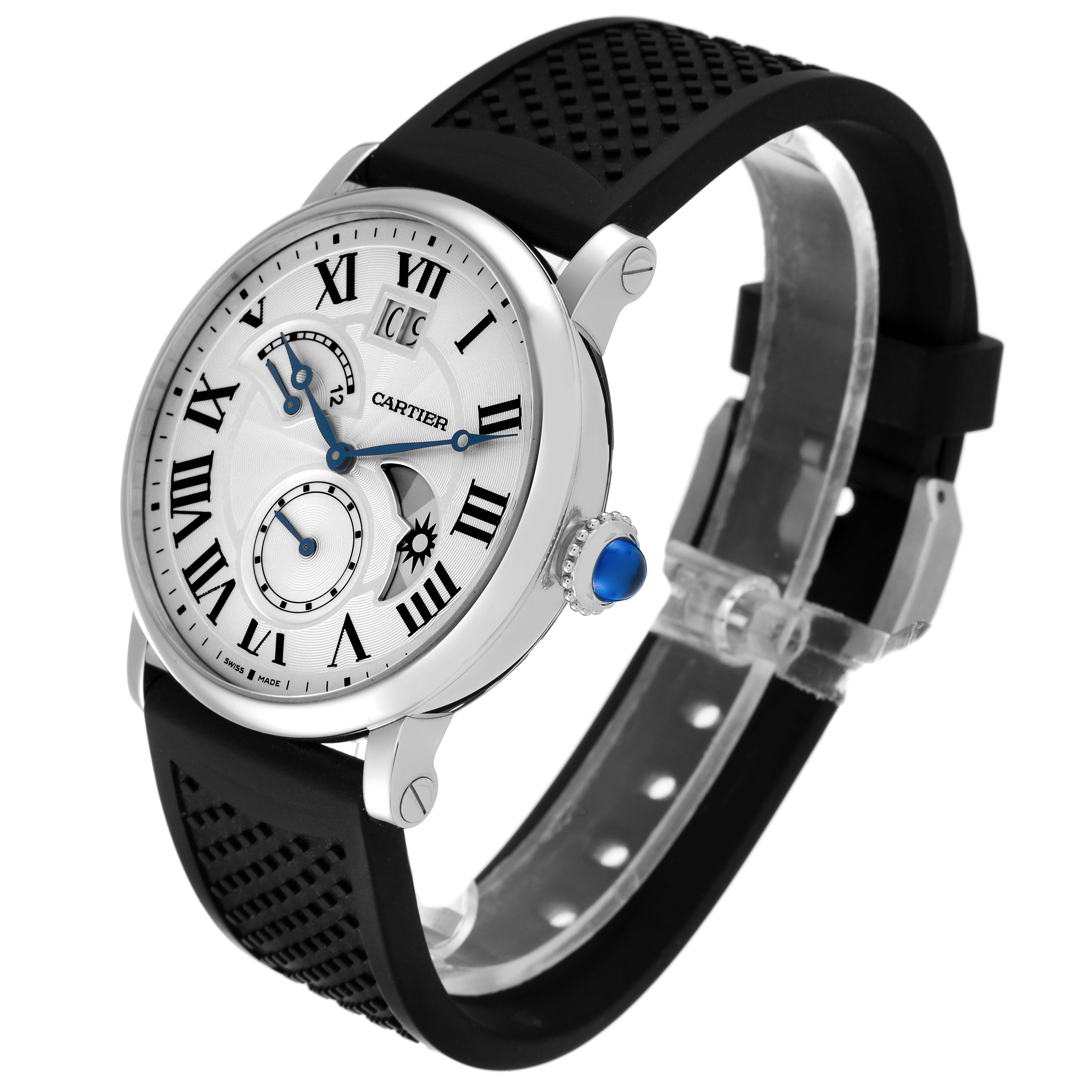 The image shows a Rotonde model by Cartier at an angled view, featuring its face, crown, lugs, and black strap.